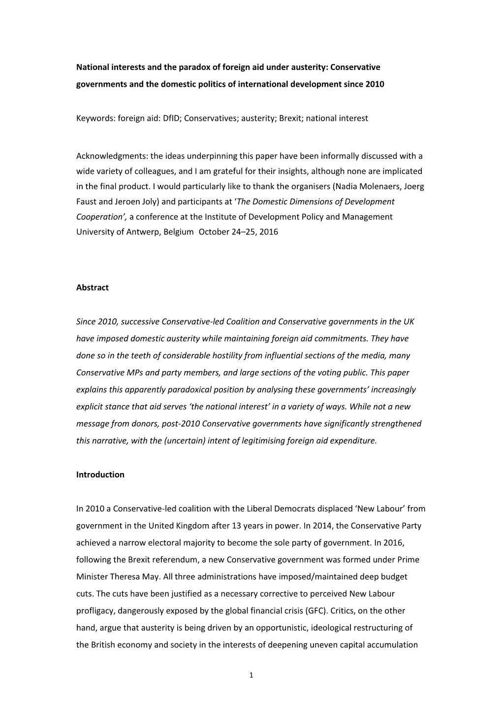 National Interests and the Paradox of Foreign Aid Under Austerity: Conservative Governments and the Domestic Politics of International Development Since 2010