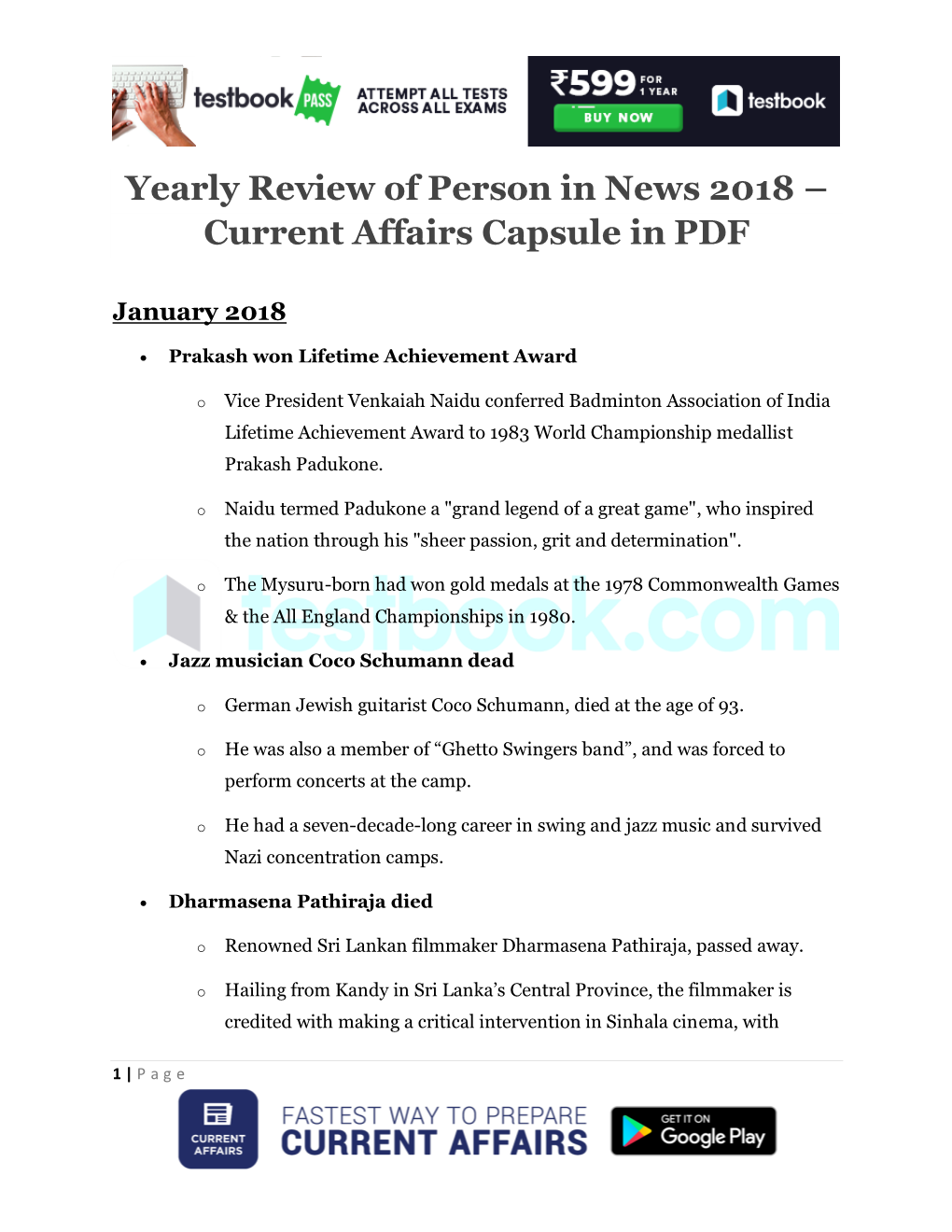 Yearly Review of Person in News 2018 – Current Affairs Capsule in PDF