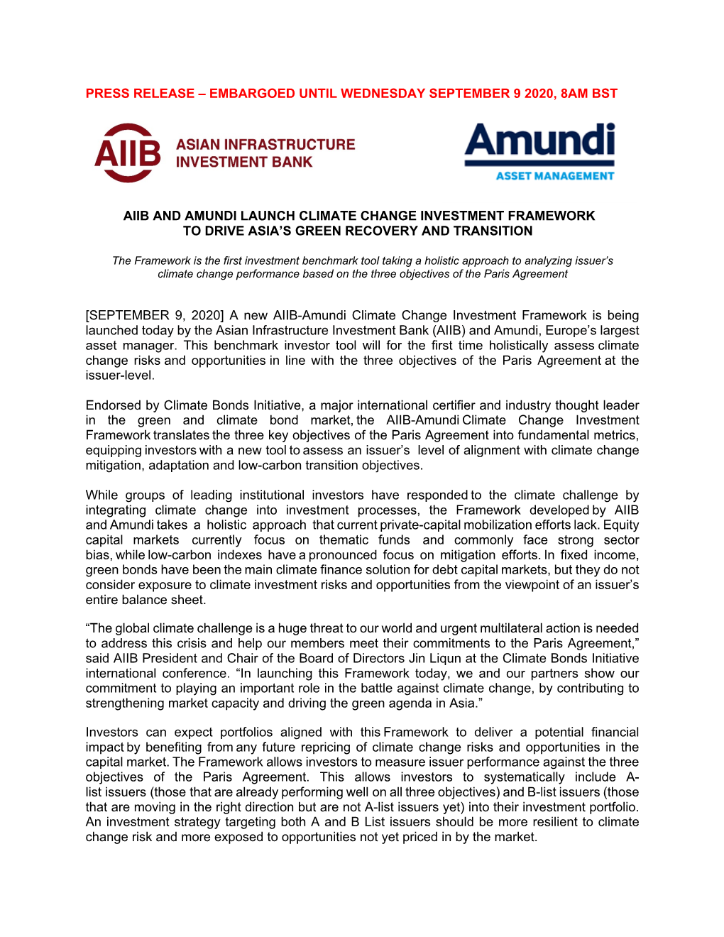 Aiib and Amundi Launch Climate Change Investment Framework to Drive Asia’S Green Recovery and Transition