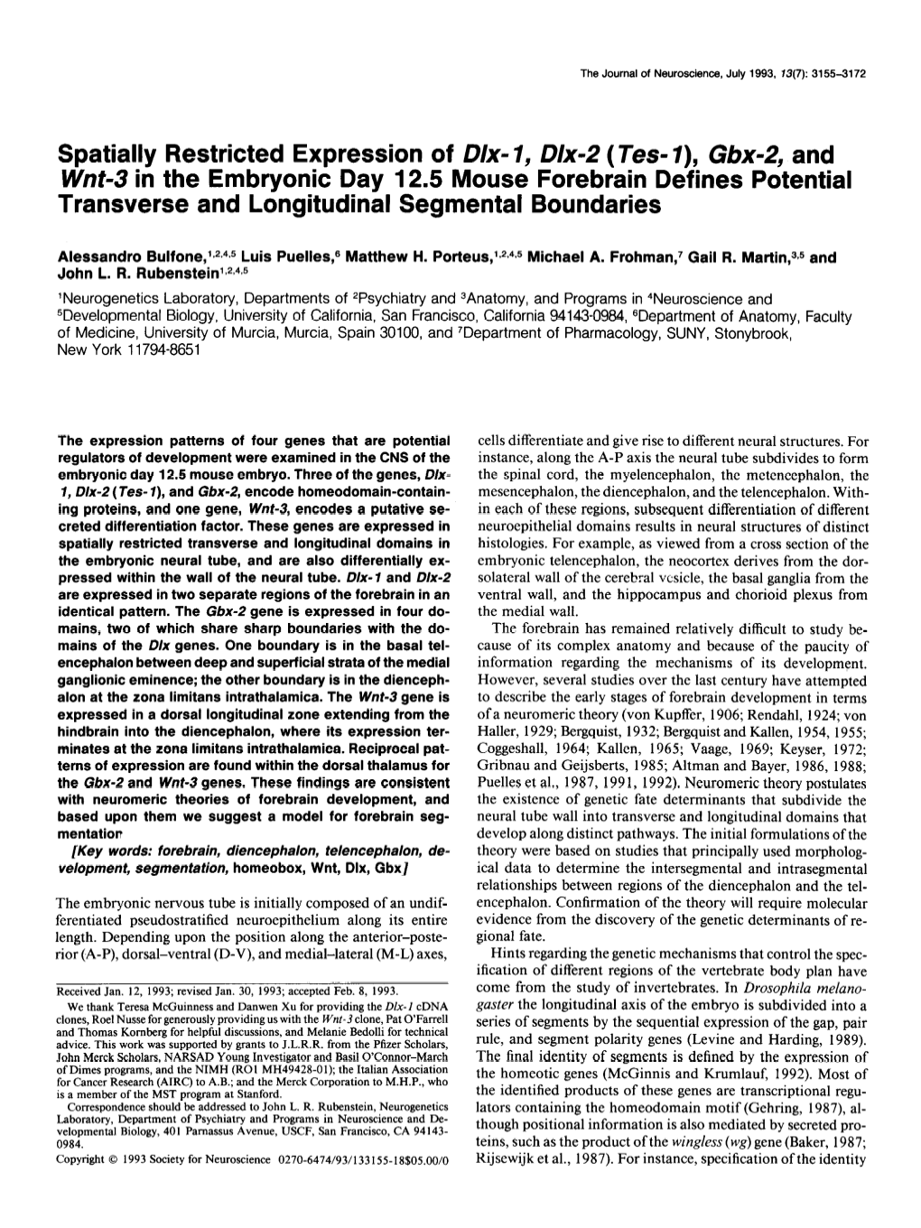 Gbx-2, and Writ-3 in the Embryonic Day 12.5 Mouse Forebrain Defines Potential Transverse and Longitudinal Segmental Boundaries