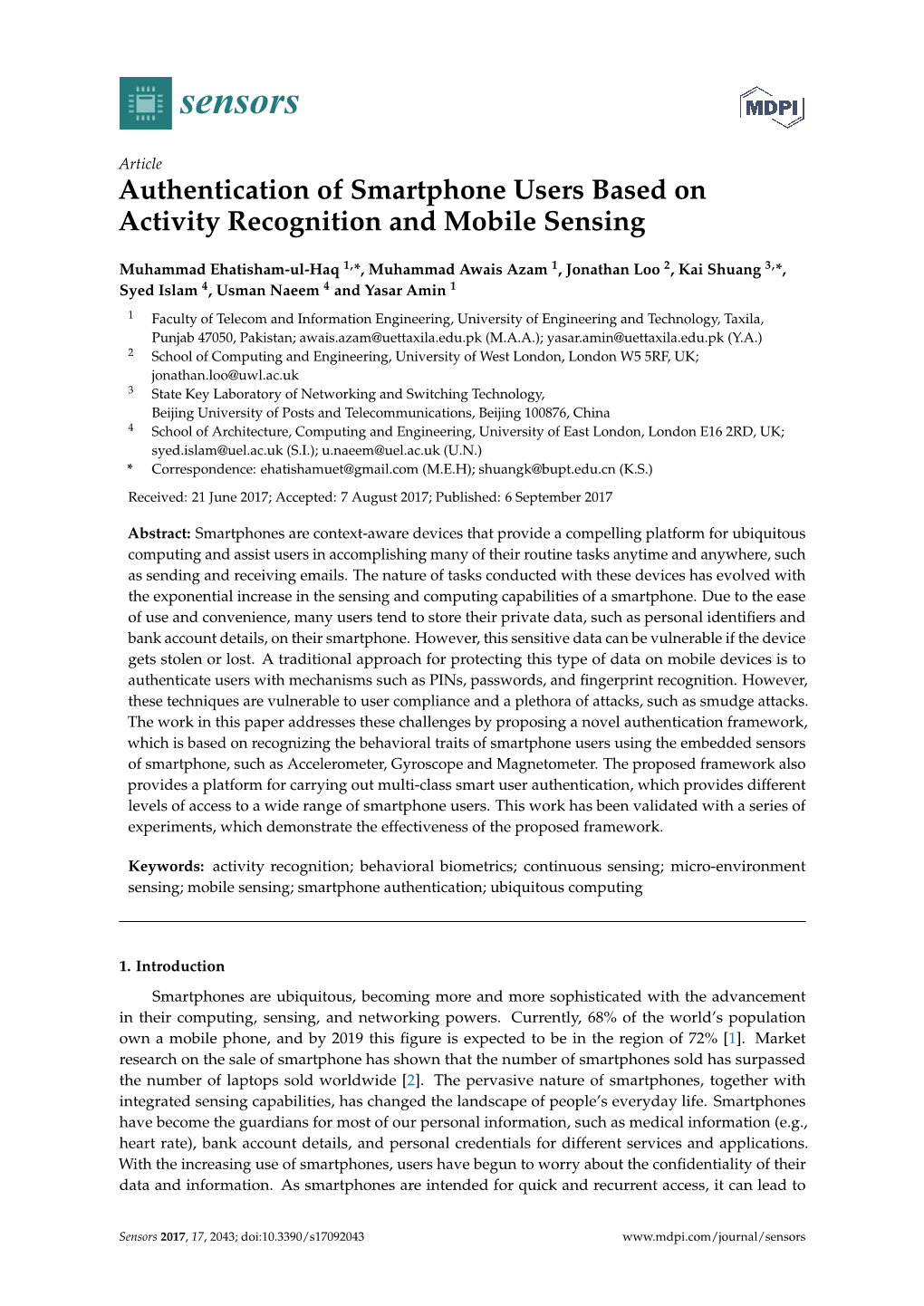 Authentication of Smartphone Users Based on Activity Recognition and Mobile Sensing