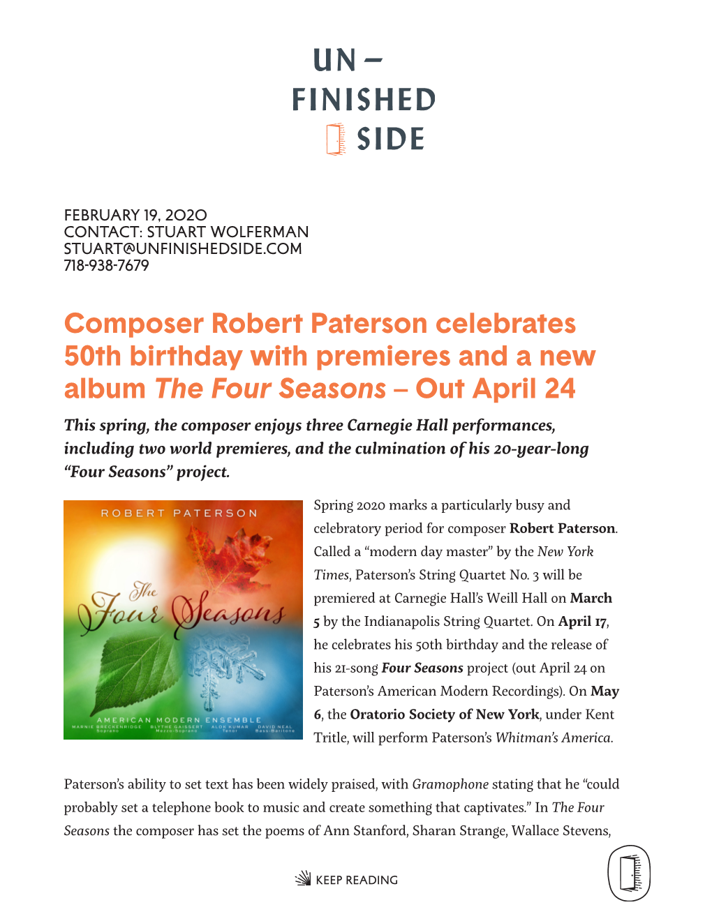 Composer Robert Paterson Celebrates 50Th Birthday with Premieres and a New Album the Four Seasons – out April 24