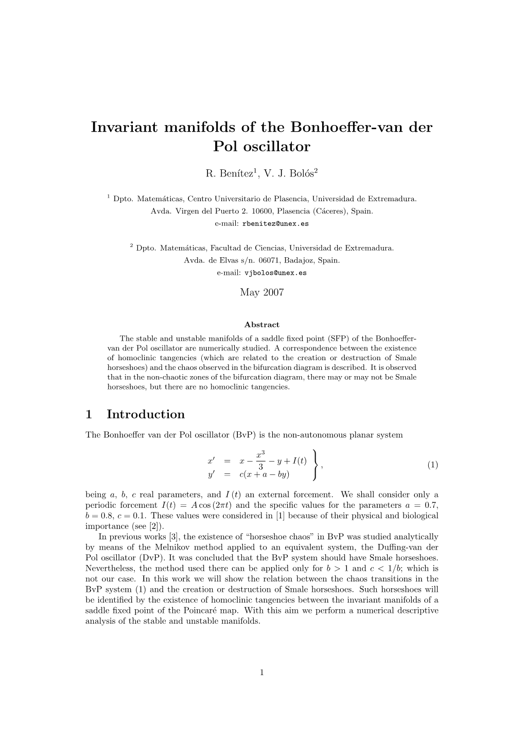 Invariant Manifolds of the Bonhoeffer-Van Der Pol Oscillator