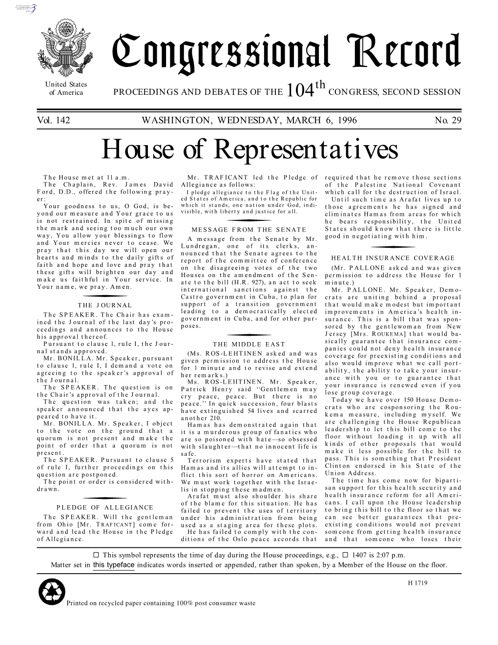 Congressional Record United States Th of America PROCEEDINGS and DEBATES of the 104 CONGRESS, SECOND SESSION