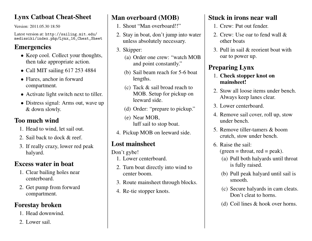 Lynx Catboat Cheat-Sheet Man Overboard (MOB) Stuck in Irons Near Wall Version: 2011.05.30 18:50 1