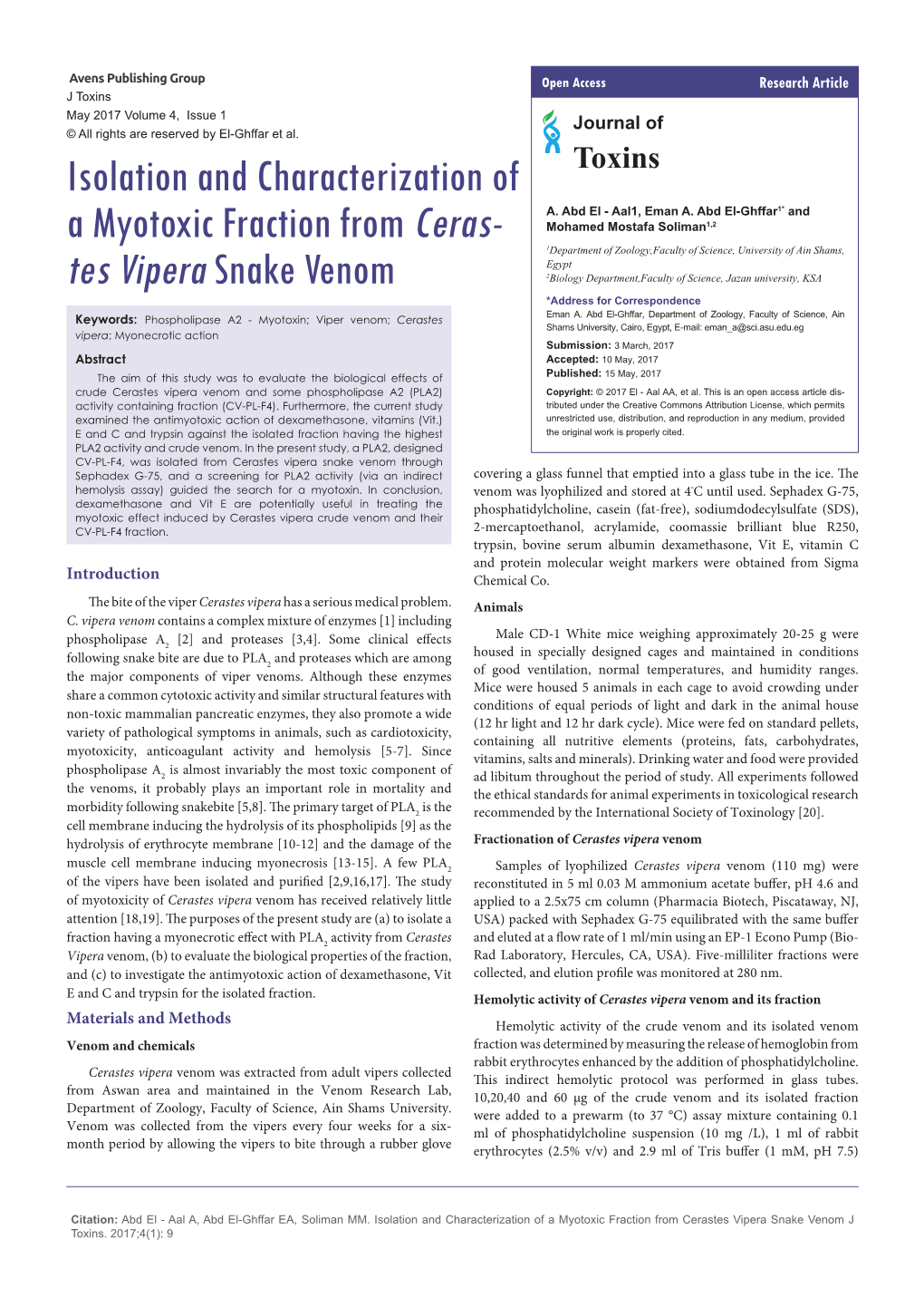 Isolation and Characterization of a Myotoxic Fraction from Cerastes Vipera Snake Venom J Toxins