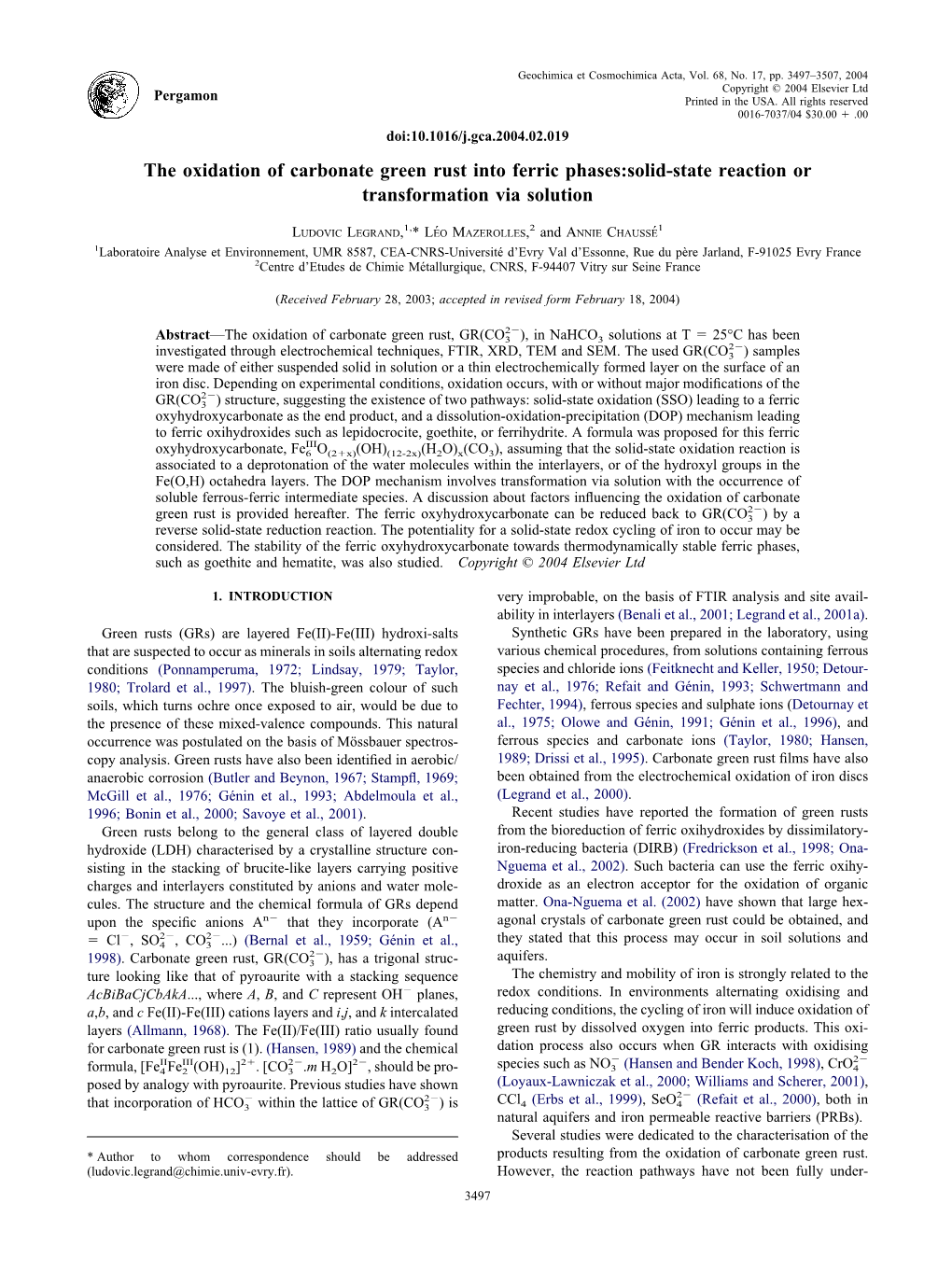 The Oxidation of Carbonate Green Rust Into Ferric Phases:Solid-State Reaction Or Transformation Via Solution