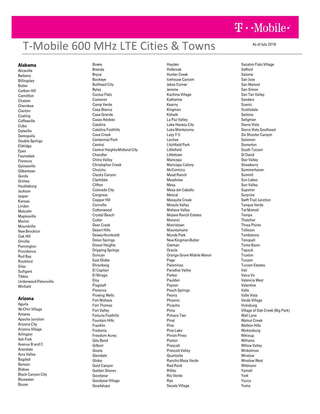 T-Mobile 600 Mhz LTE Cities & Towns