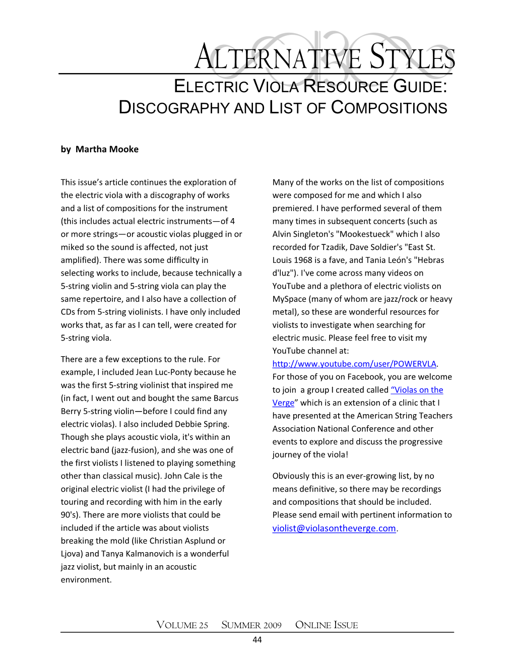 ELECTRIC VIOLA RESOURCE GUIDE: DISCOGRAPHY and LIST of COMPOSITIONS by Martha Mooke