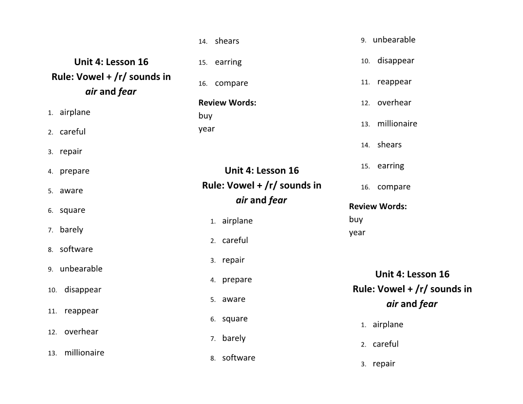 Unit 4: Lesson 16 Rule: Vowel + /R/ Sounds in Air and Fear