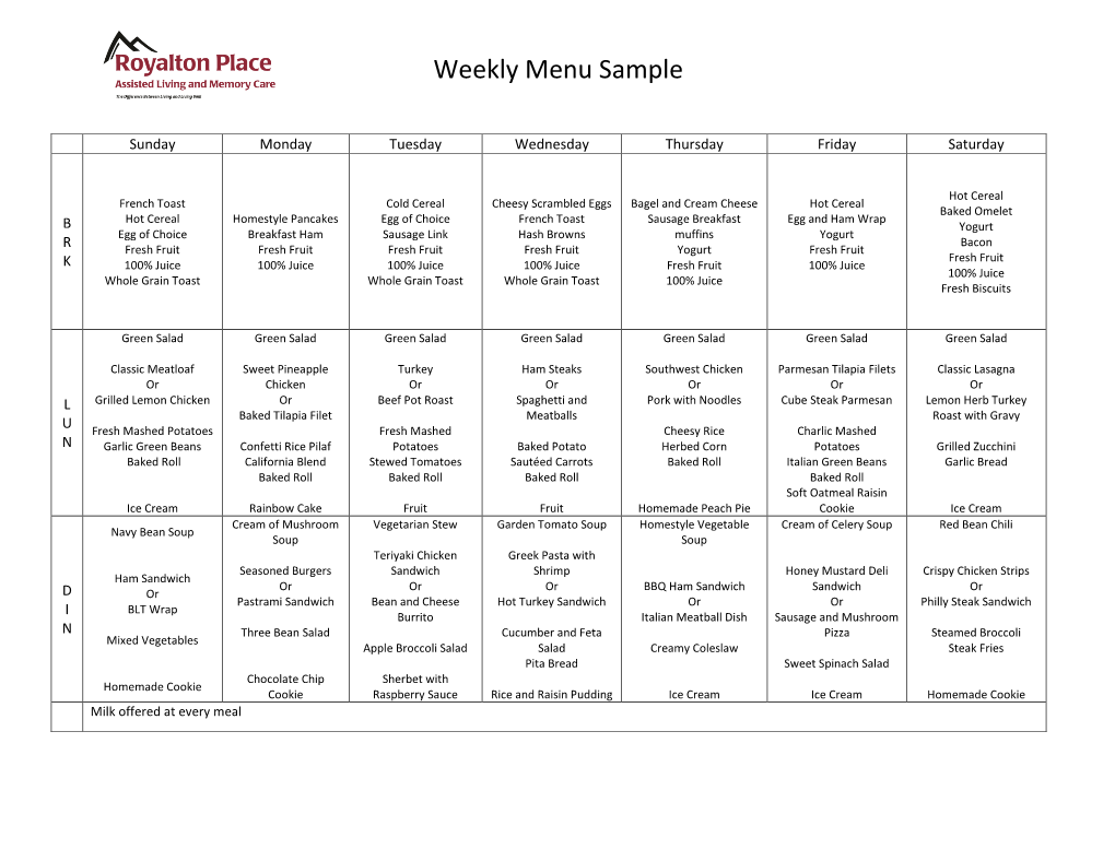 Weekly Menu Sample