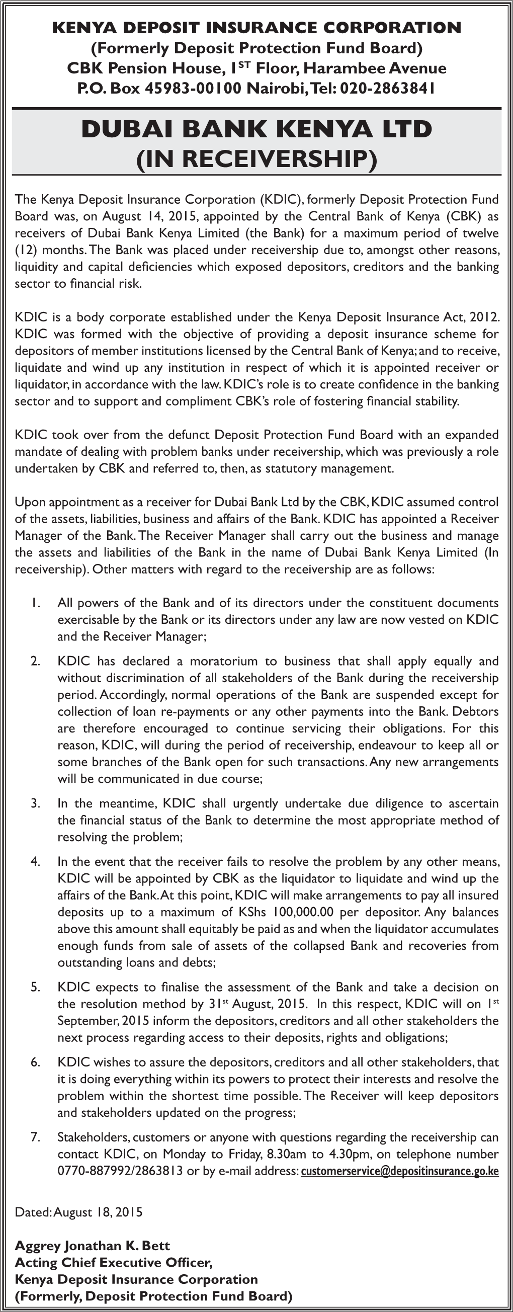 Dubai Bank Kenya Ltd (In Receivership)