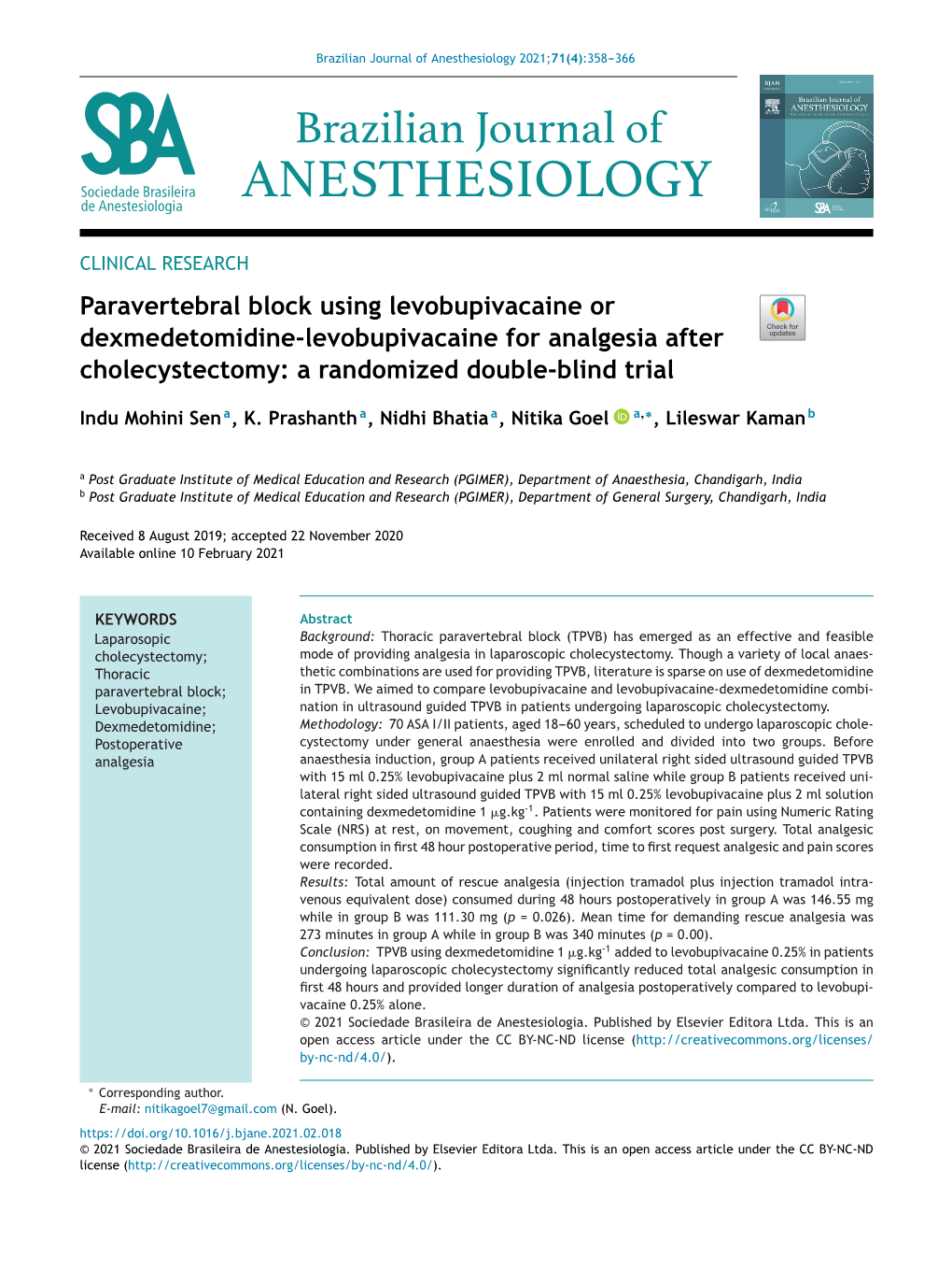 Paravertebral Block Using Levobupivacaine Or Dexmedetomidine-Levobupivacaine for Analgesia After Cholecystectomy