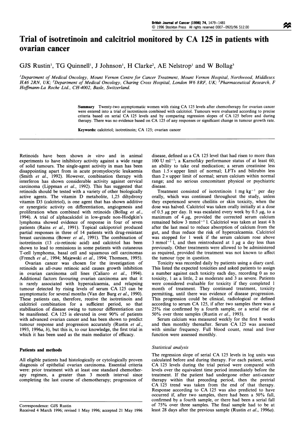 Trial of Isotretinoin and Calcitriol Monitored by CA 125 in Patients with Ovarian Cancer