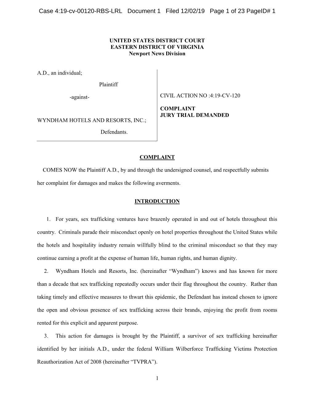 Case 4:19-Cv-00120-RBS-LRL Document 1 Filed 12/02/19 Page 1 of 23 Pageid# 1