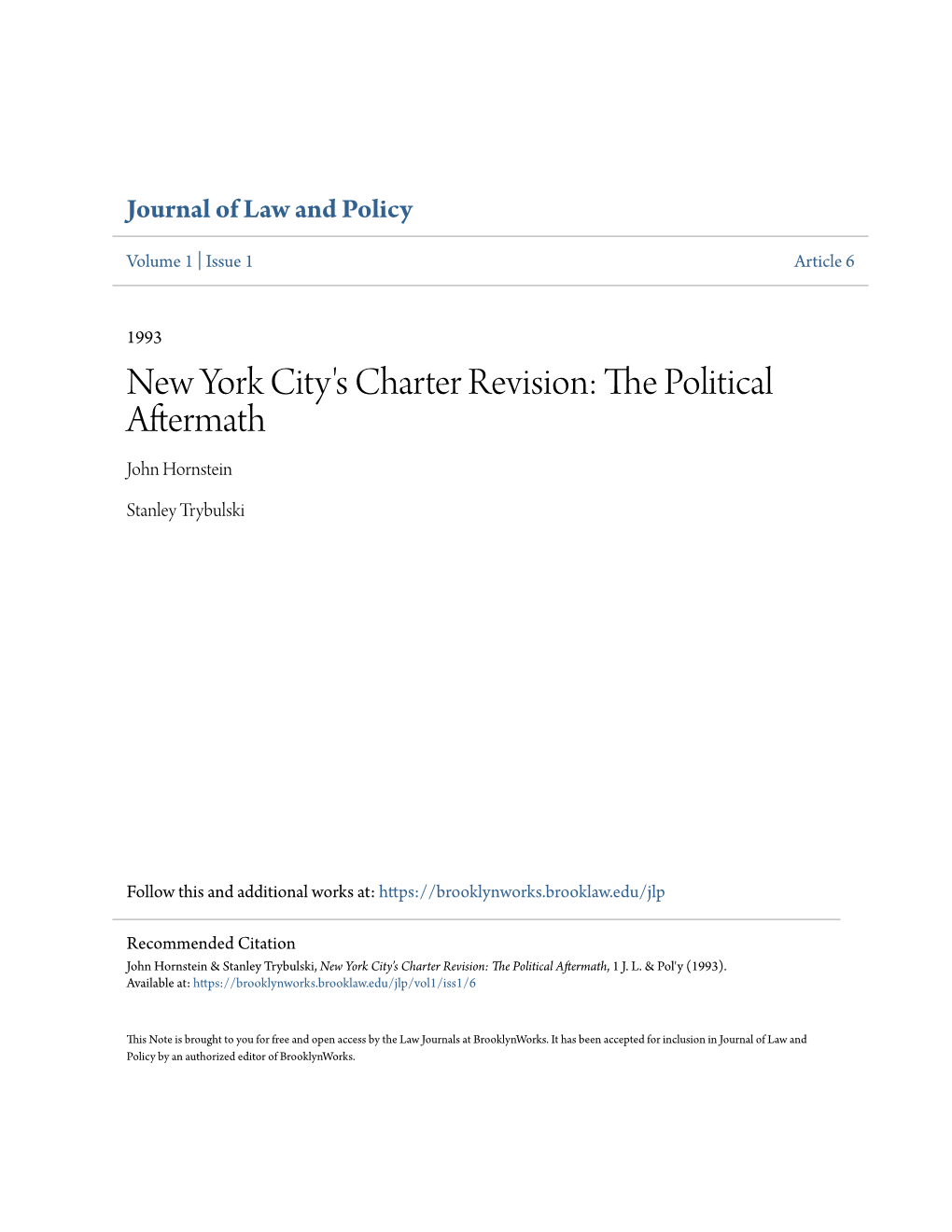 New York City's Charter Revision: the Olitp Ical Aftermath John Hornstein