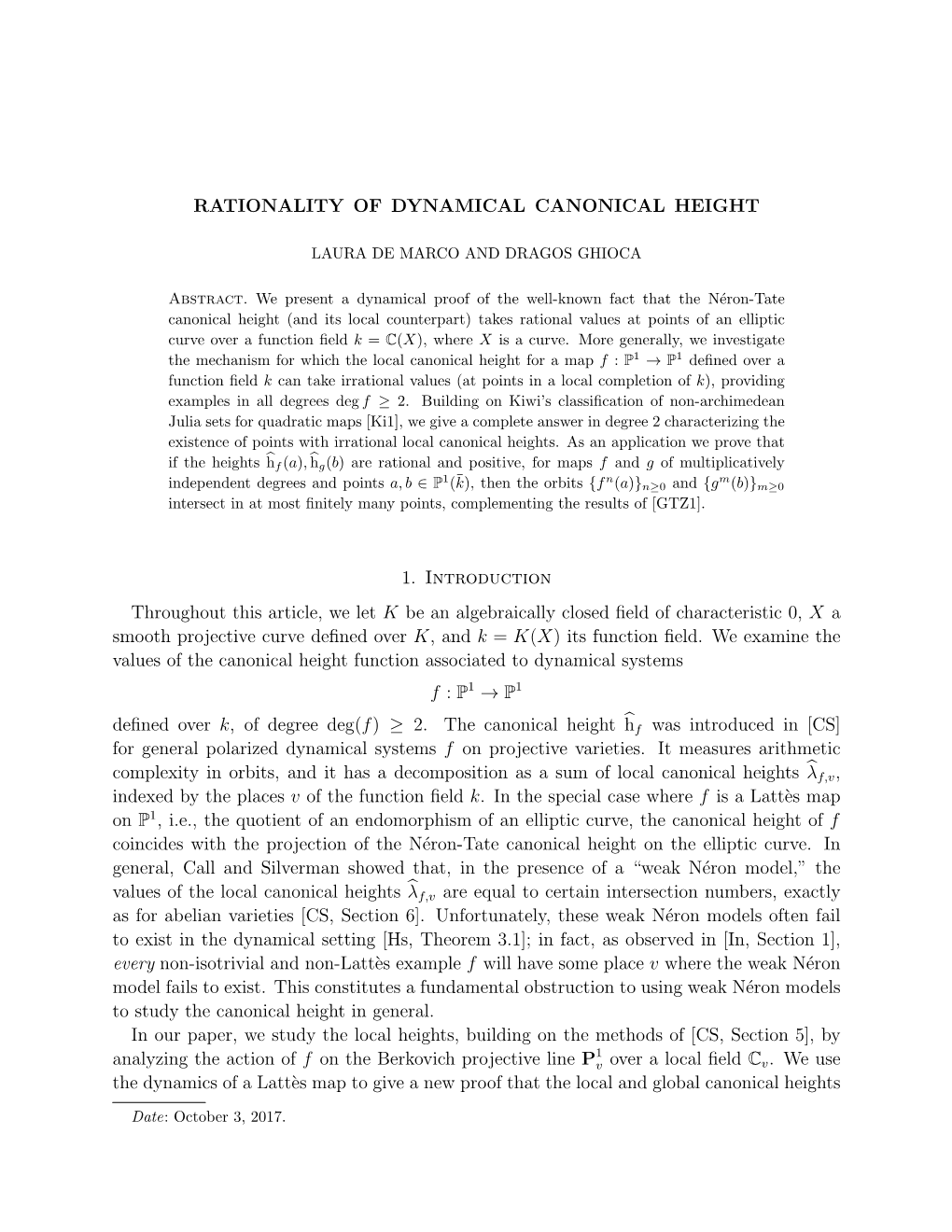 Rationality of Dynamical Canonical Height 11