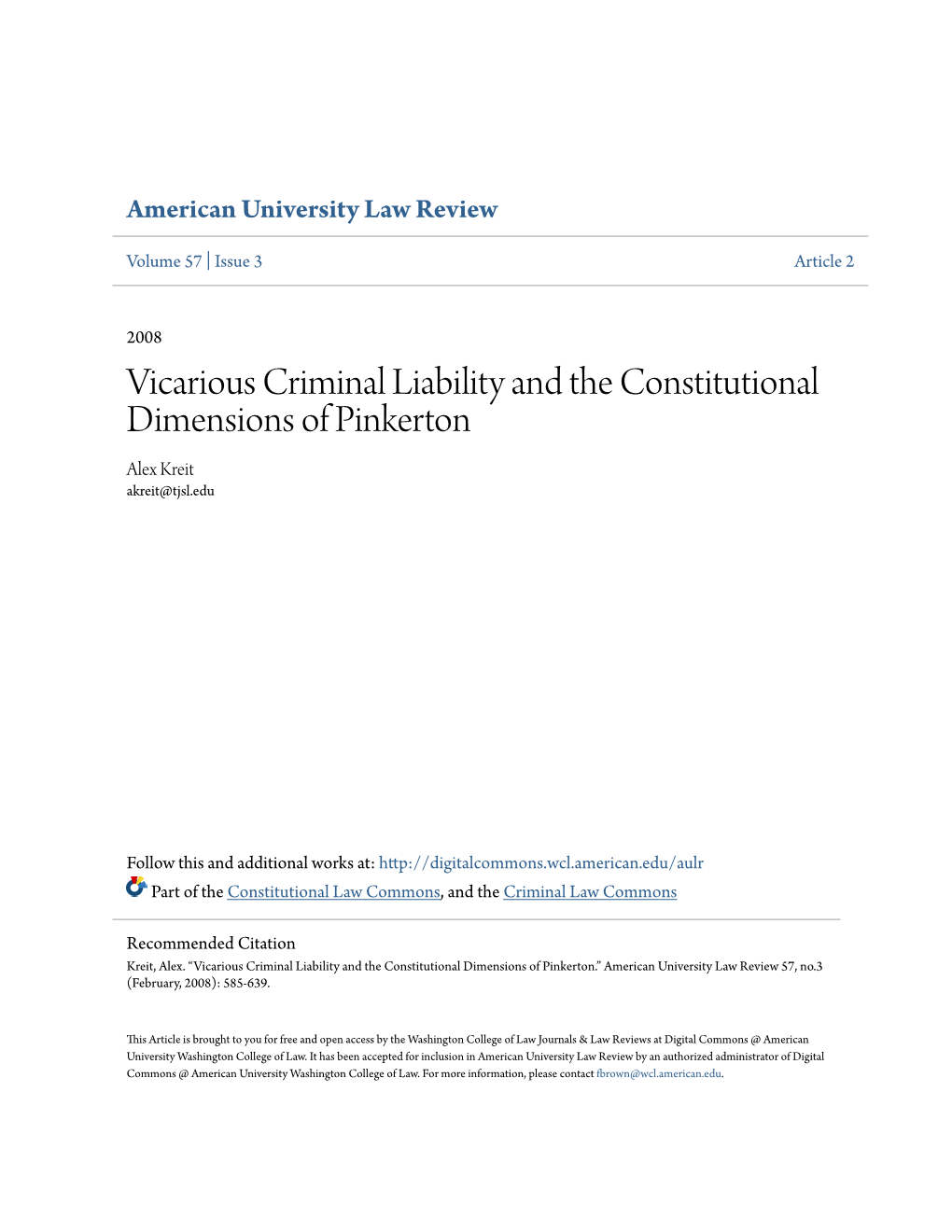 Vicarious Criminal Liability and the Constitutional Dimensions of Pinkerton Alex Kreit Akreit@Tjsl.Edu