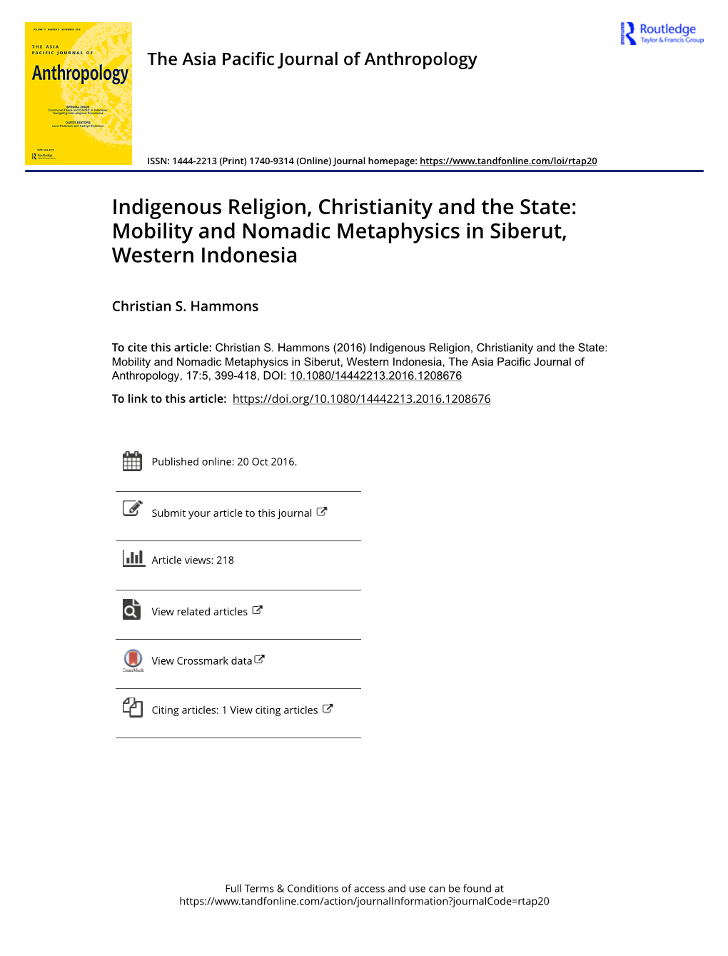 Indigenous Religion, Christianity and the State: Mobility and Nomadic Metaphysics in Siberut, Western Indonesia