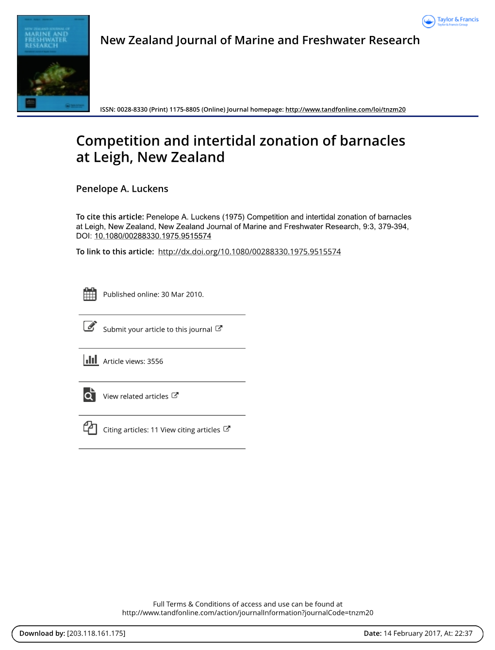 Competition and Intertidal Zonation of Barnacles at Leigh, New Zealand