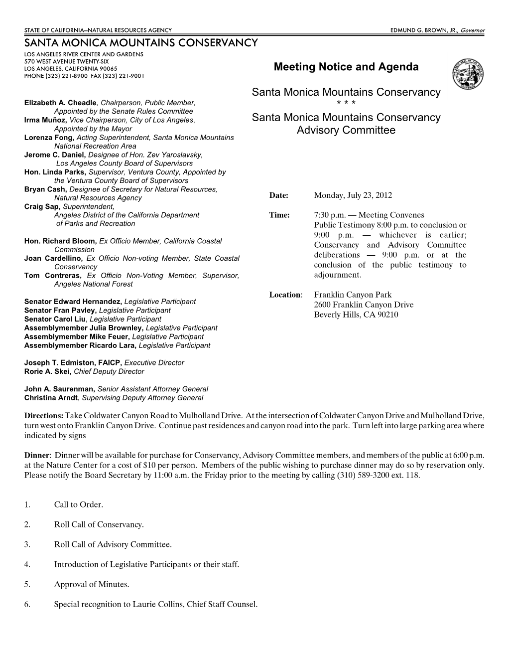 Meeting Notice and Agenda Santa Monica Mountains Conservancy