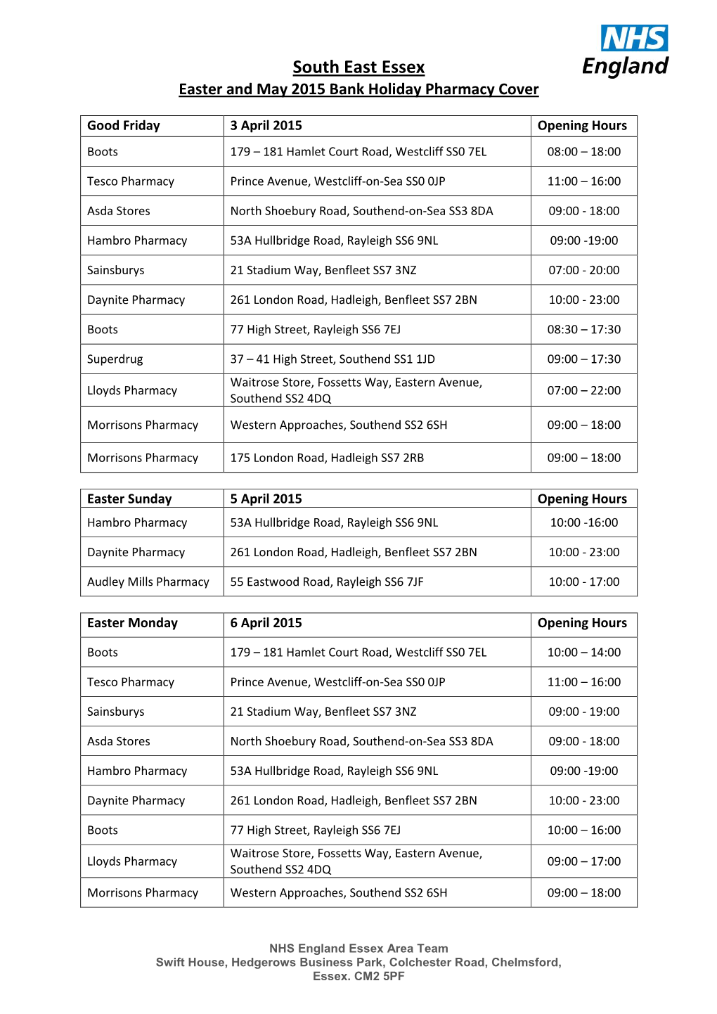 South East Essex Easter and May 2015 Bank Holiday Pharmacy Cover