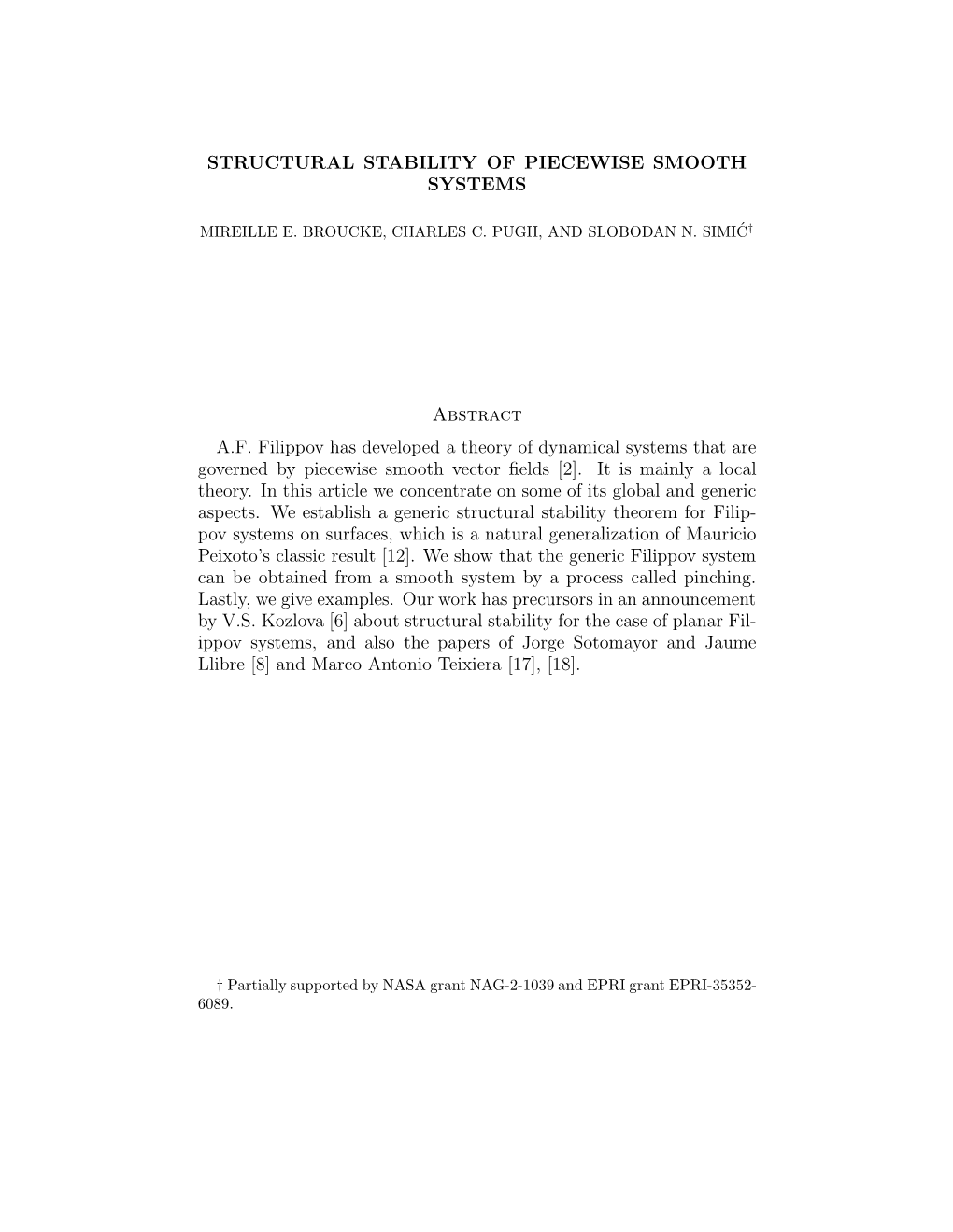 Structural Stability of Piecewise Smooth Systems