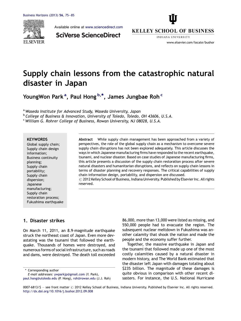 Supply Chain Lessons from the Catastrophic Natural Disaster in Japan