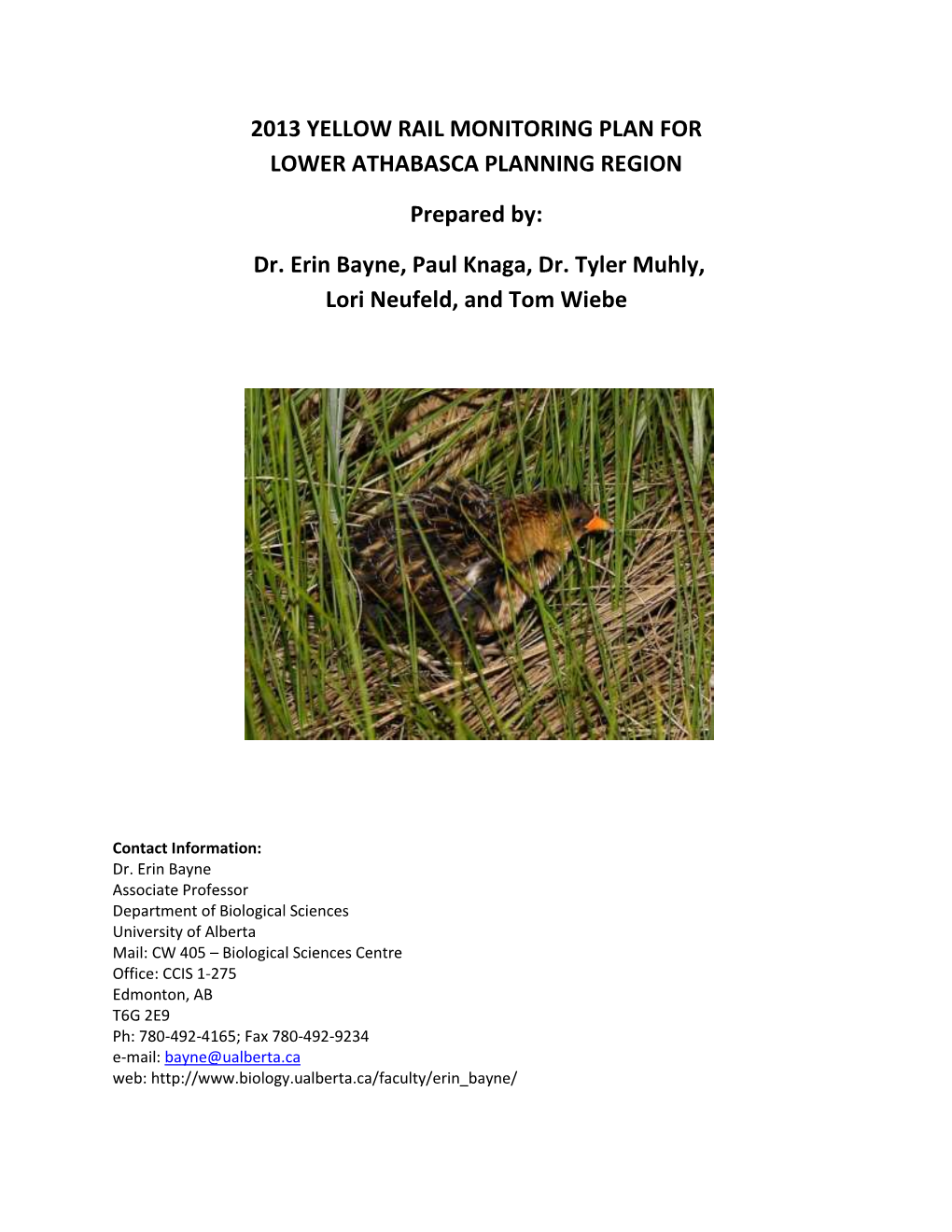 2013 Yellow Rail Monitoring Plan for Lower Athabasca Planning Region