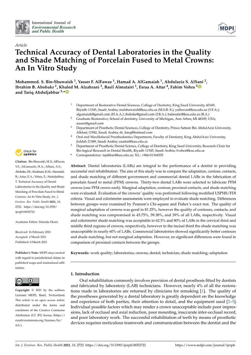 Technical Accuracy of Dental Laboratories in the Quality and Shade Matching of Porcelain Fused to Metal Crowns: an in Vitro Study