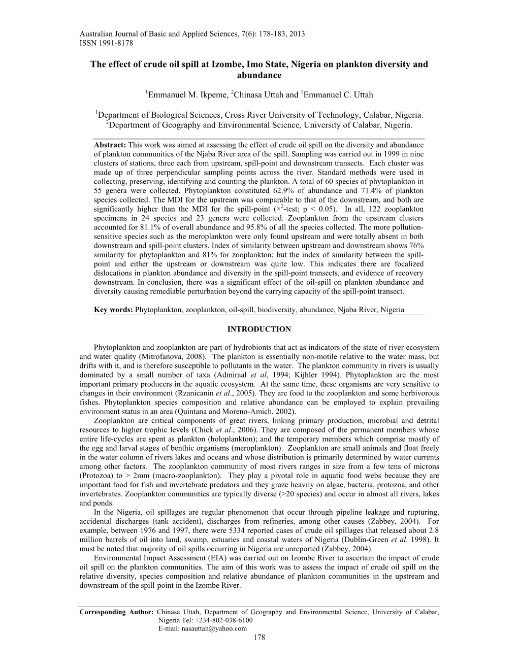 The Effect of Crude Oil Spill at Izombe, Imo State, Nigeria on Plankton Diversity and Abundance