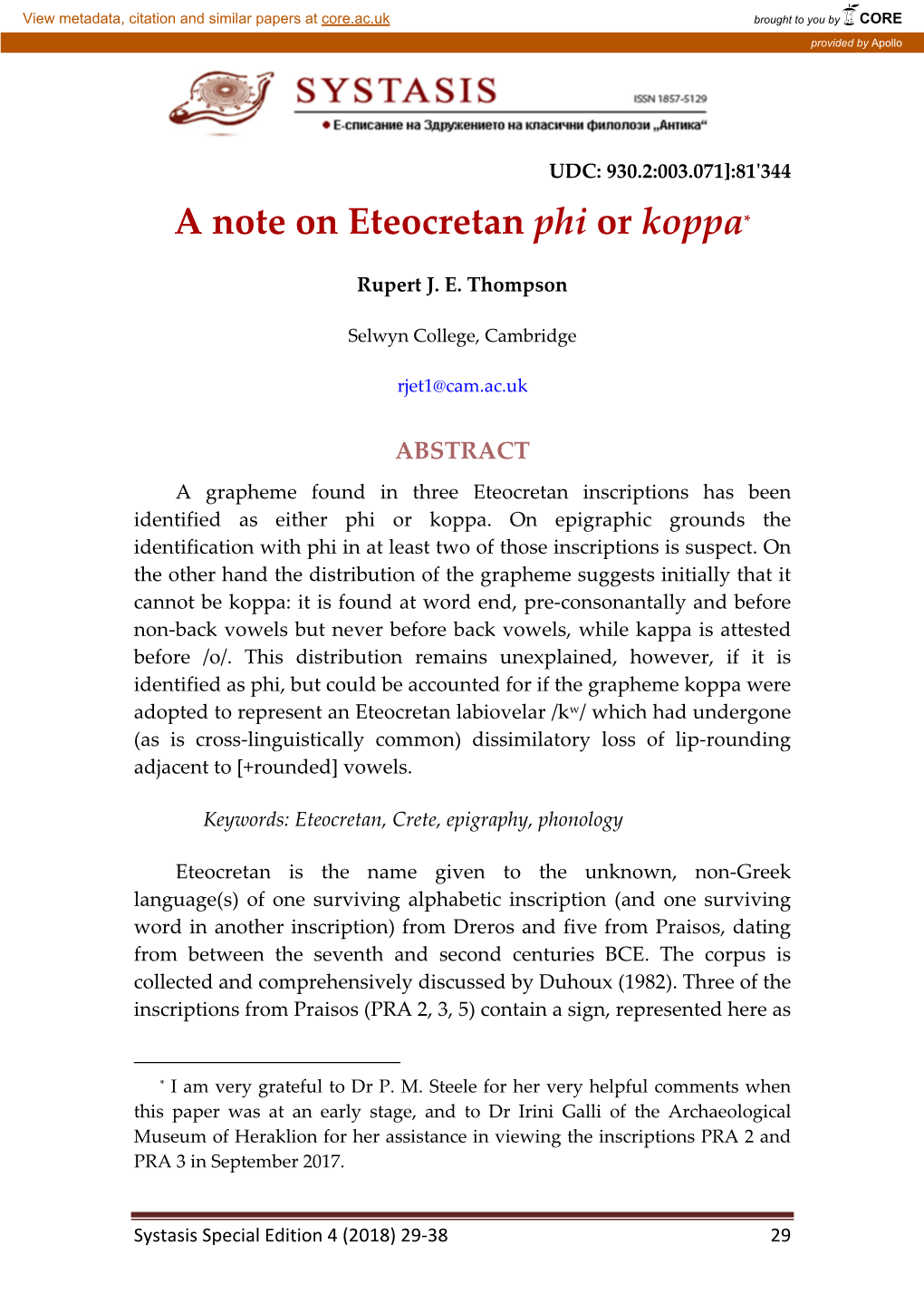 A Note on Eteocretan Phi Or Koppa*