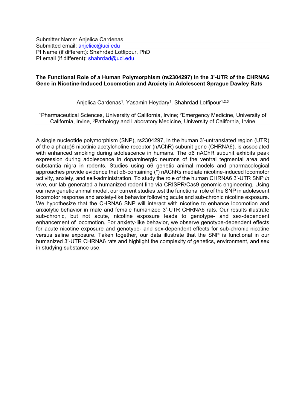 The Functional Role of a Human Polymorphism (Rs2304297) in the 3'-UTR of the CHRNA6 Gene in Nicotine-Induced Locomotion and An