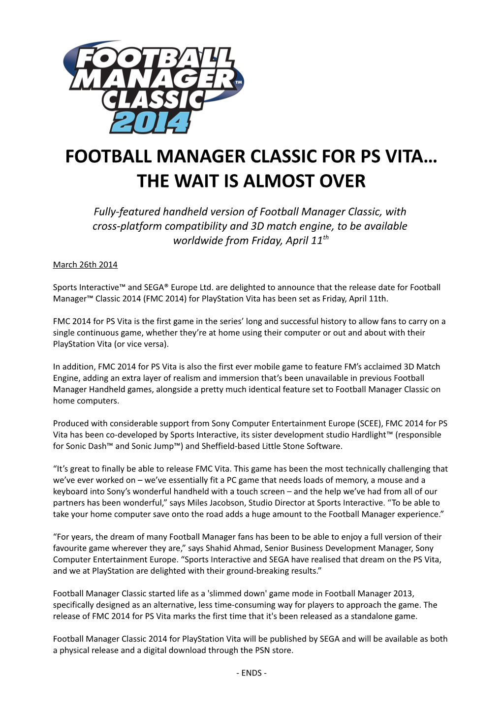 Football Manager Classic for Ps Vita… the Wait Is Almost Over