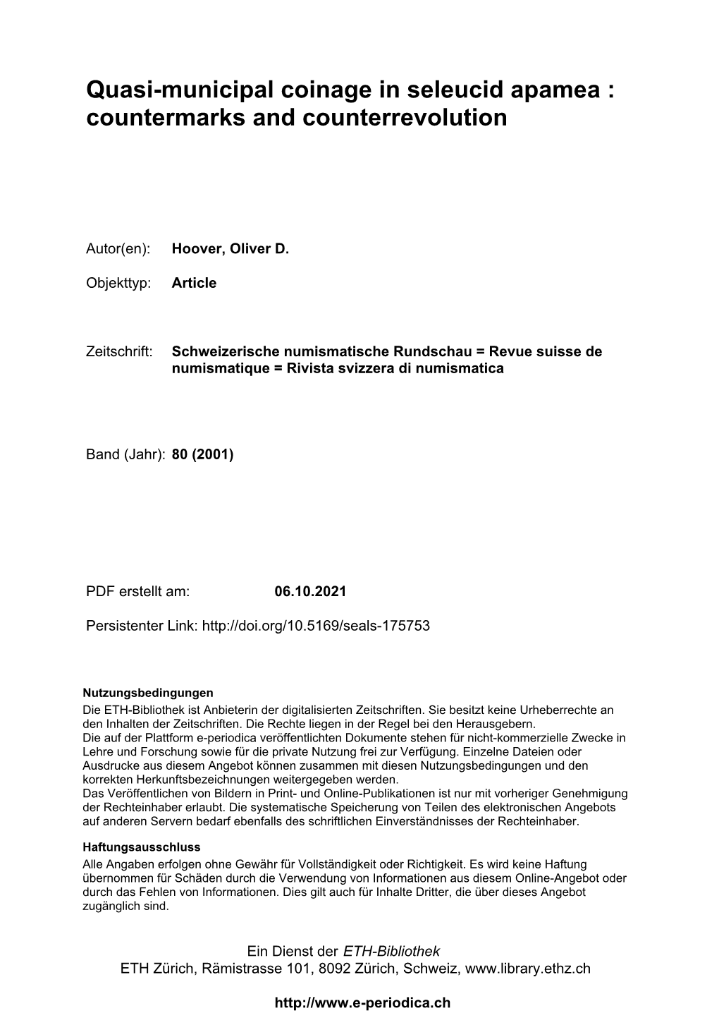 Quasi-Municipal Coinage in Seleucid Apamea : Countermarks and Counterrevolution