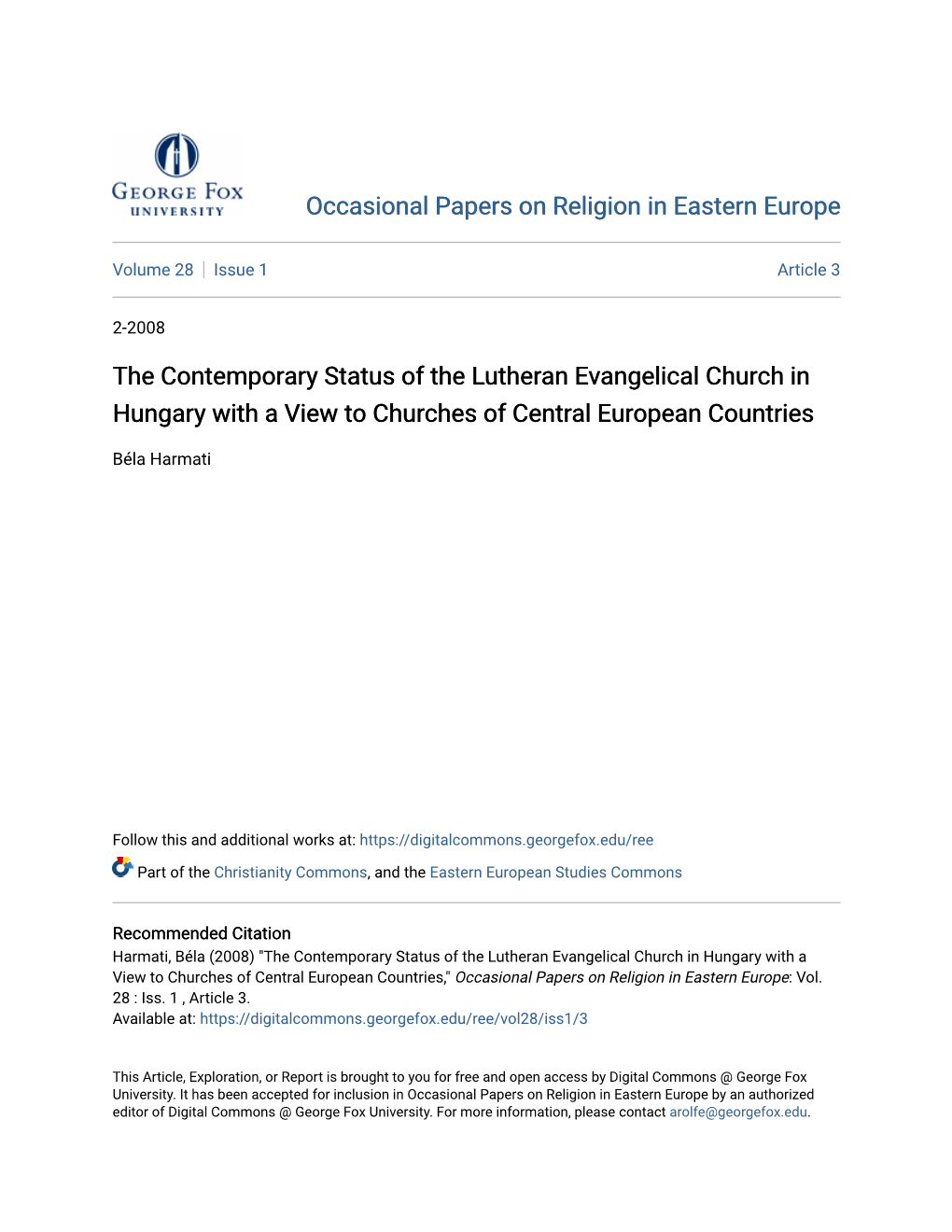 The Contemporary Status of the Lutheran Evangelical Church in Hungary with a View to Churches of Central European Countries