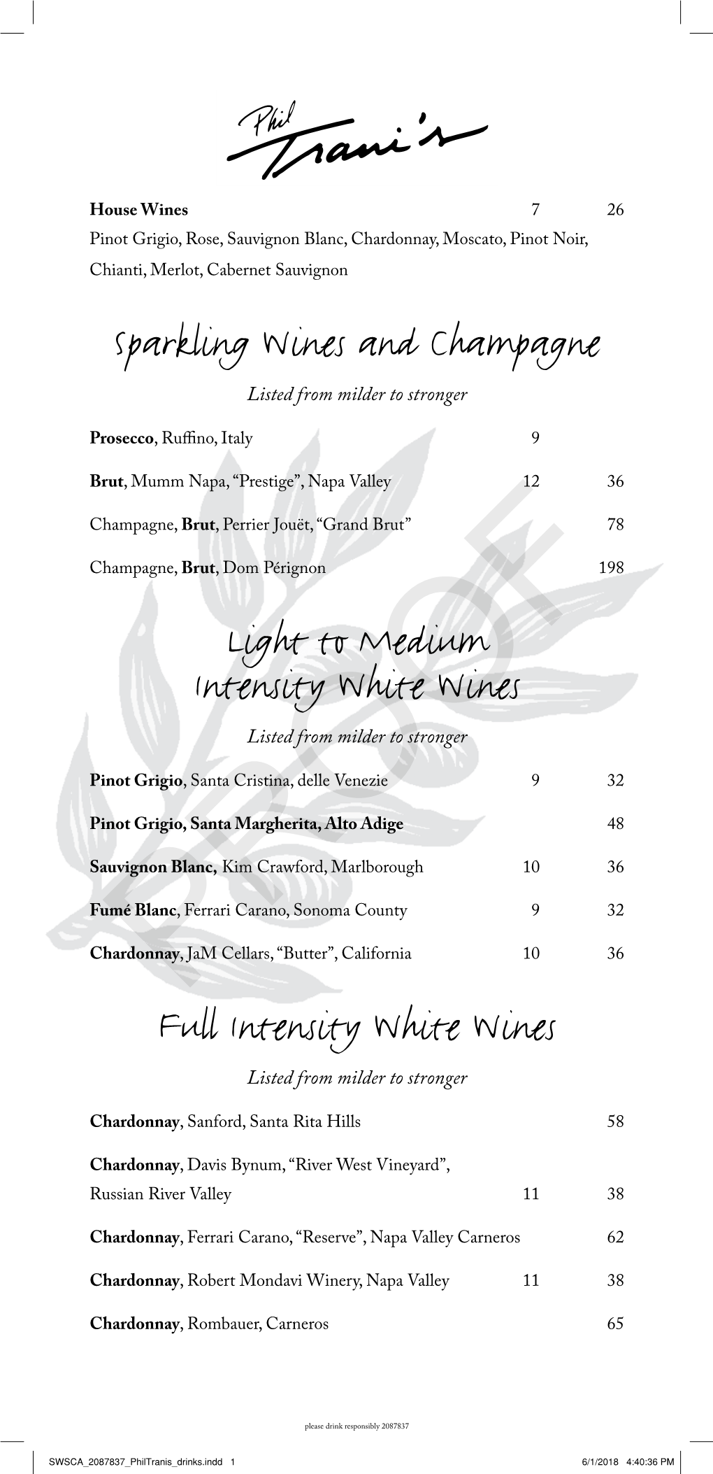 Wine List and Specialty Drinks