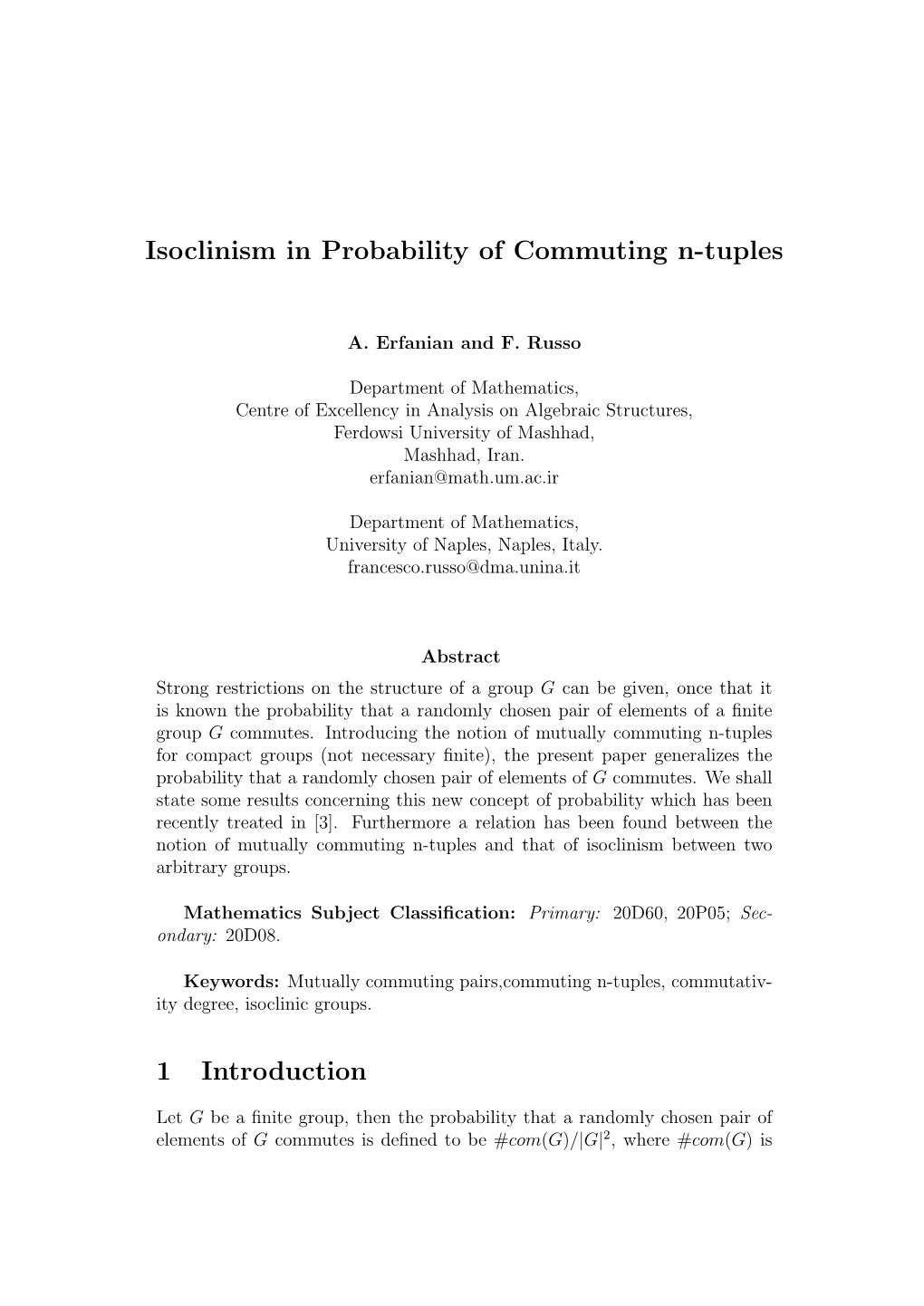 Isoclinism in Probability of Commuting N-Tuples 1 Introduction