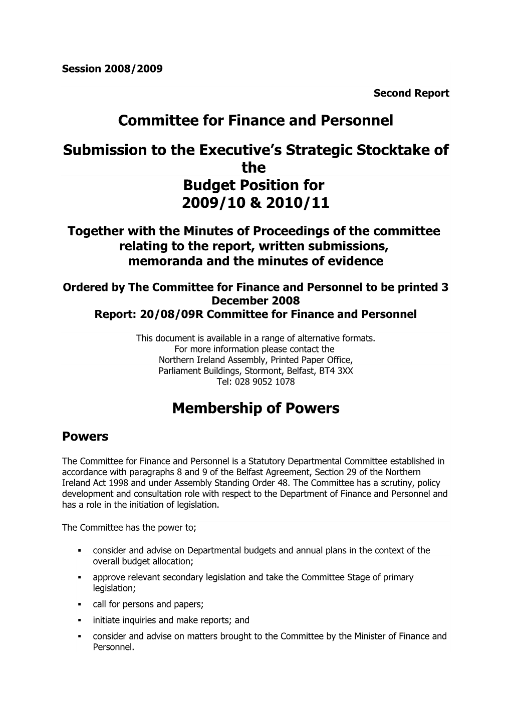Committee for Finance and Personnel Submission to the Executive's