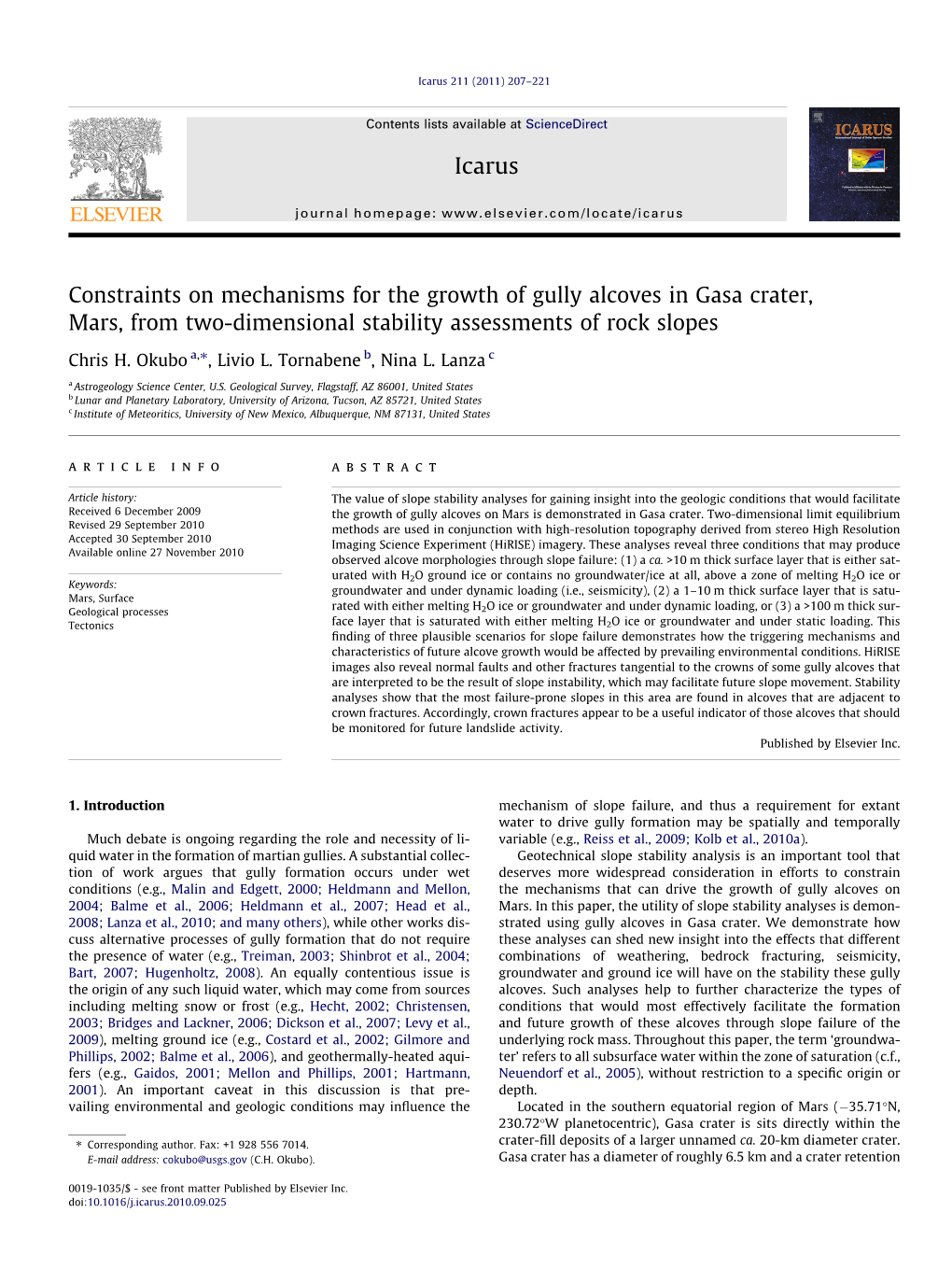 Constraints on Mechanisms for the Growth of Gully Alcoves in Gasa Crater, Mars, from Two-Dimensional Stability Assessments of Rock Slopes ⇑ Chris H