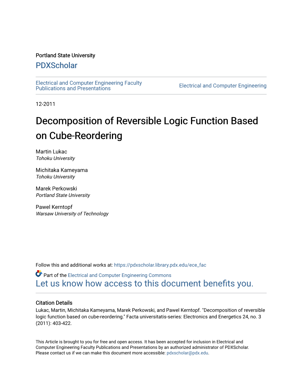 Decomposition of Reversible Logic Function Based on Cube-Reordering