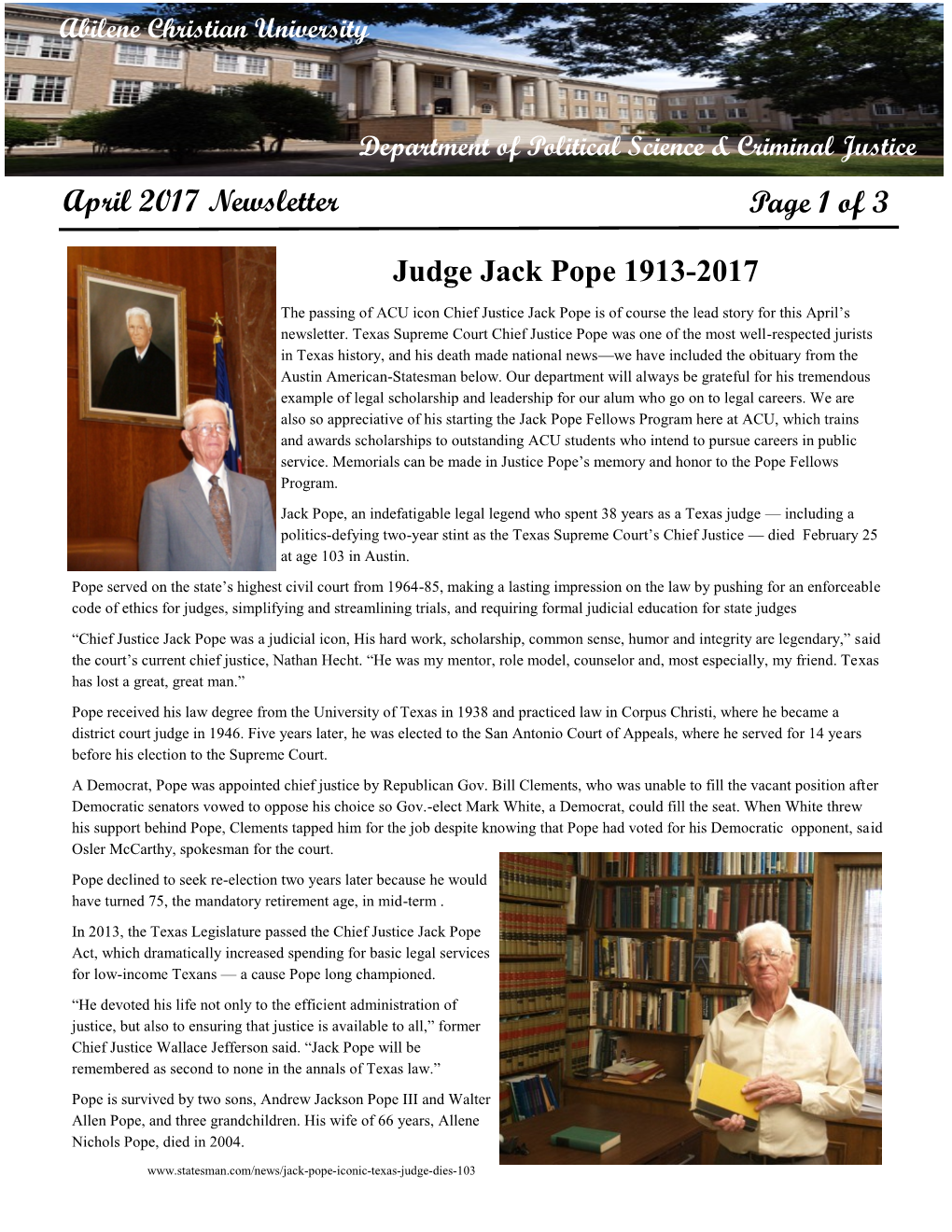 April 2017 Newsletter Page 1 of 3 Judge Jack Pope 1913-2017