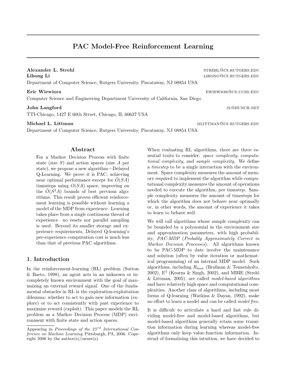 PAC Model-Free Reinforcement Learning