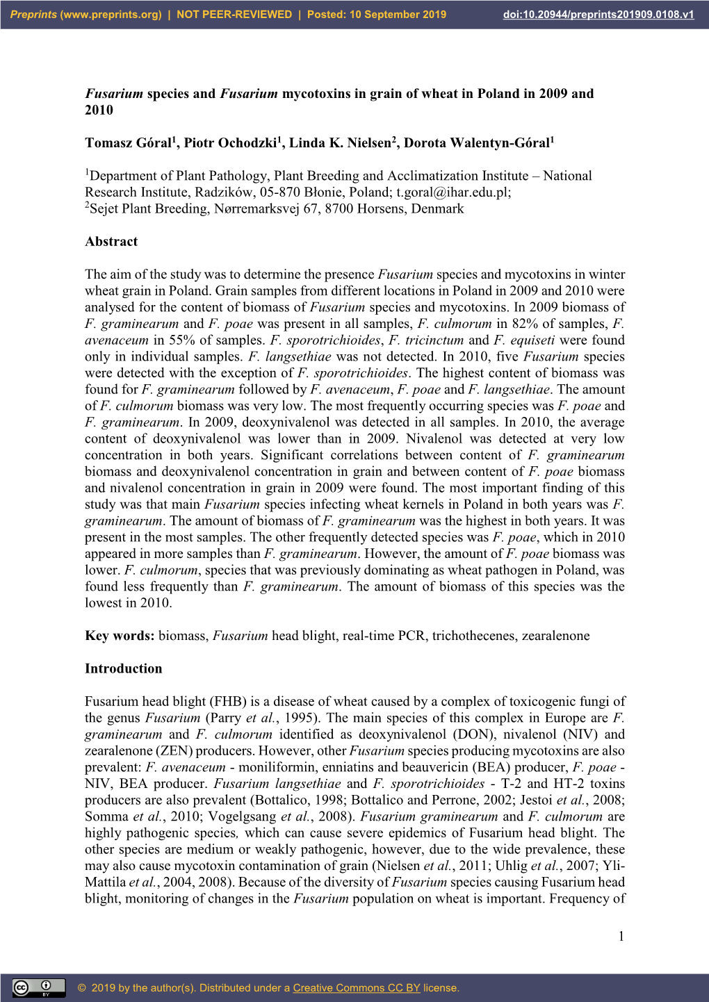 1 Fusarium Species and Fusarium Mycotoxins in Grain of Wheat In