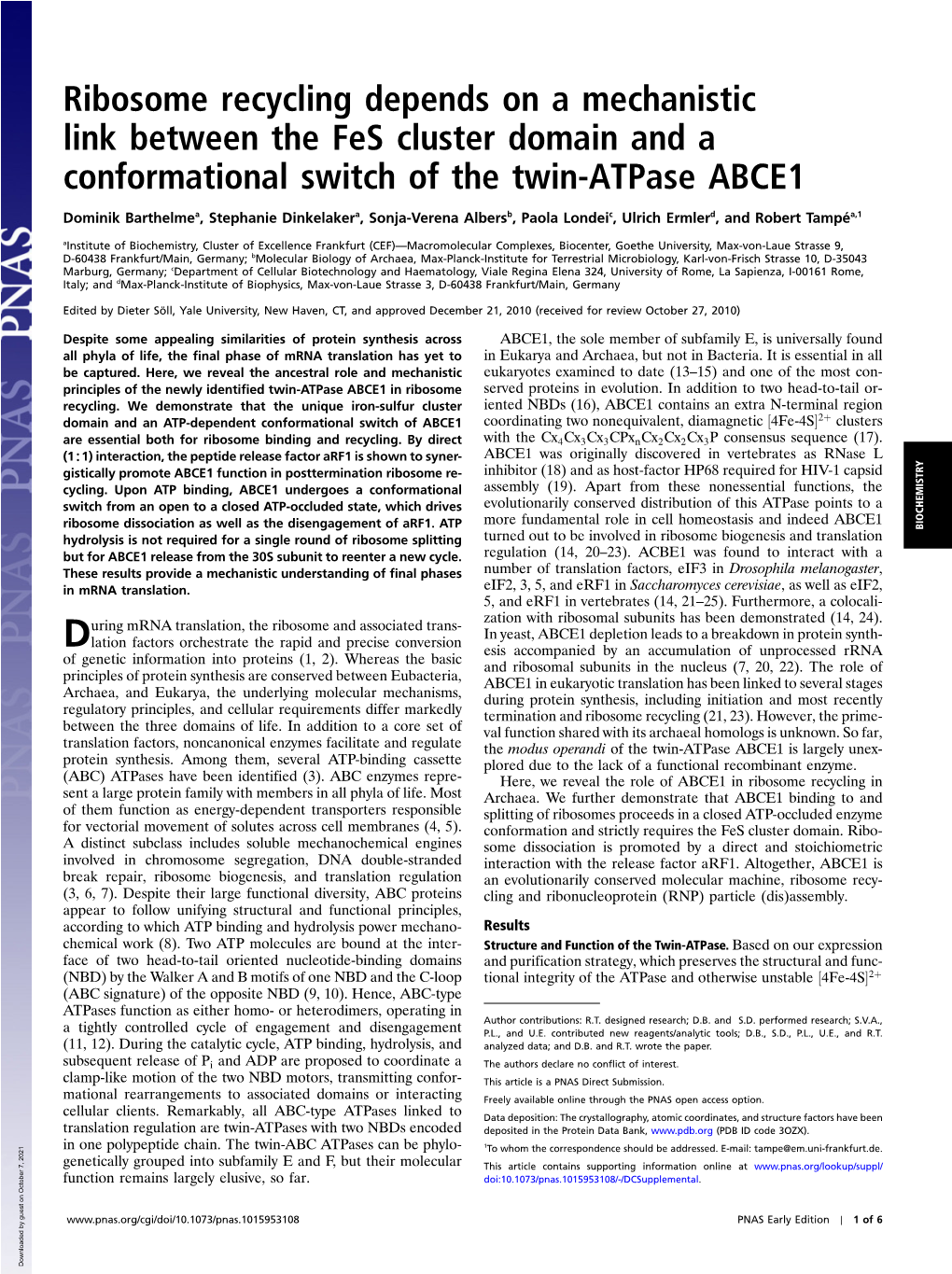 Ribosome Recycling Depends on a Mechanistic Link Between the Fes Cluster Domain and a Conformational Switch of the Twin-Atpase ABCE1