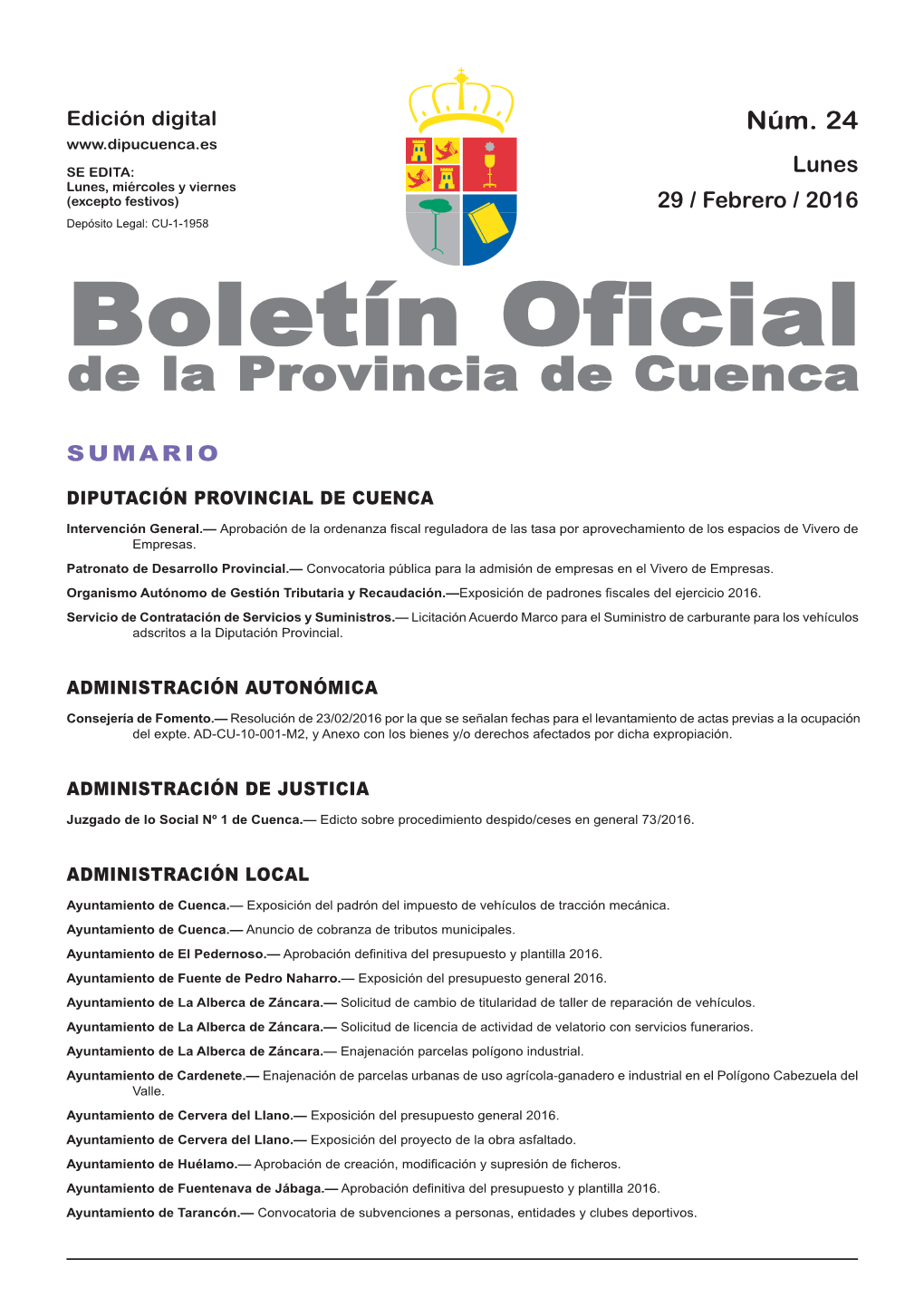 Boletín Oficial De La Provincia De Cuenca Sumario Diputación Provincial De Cuenca