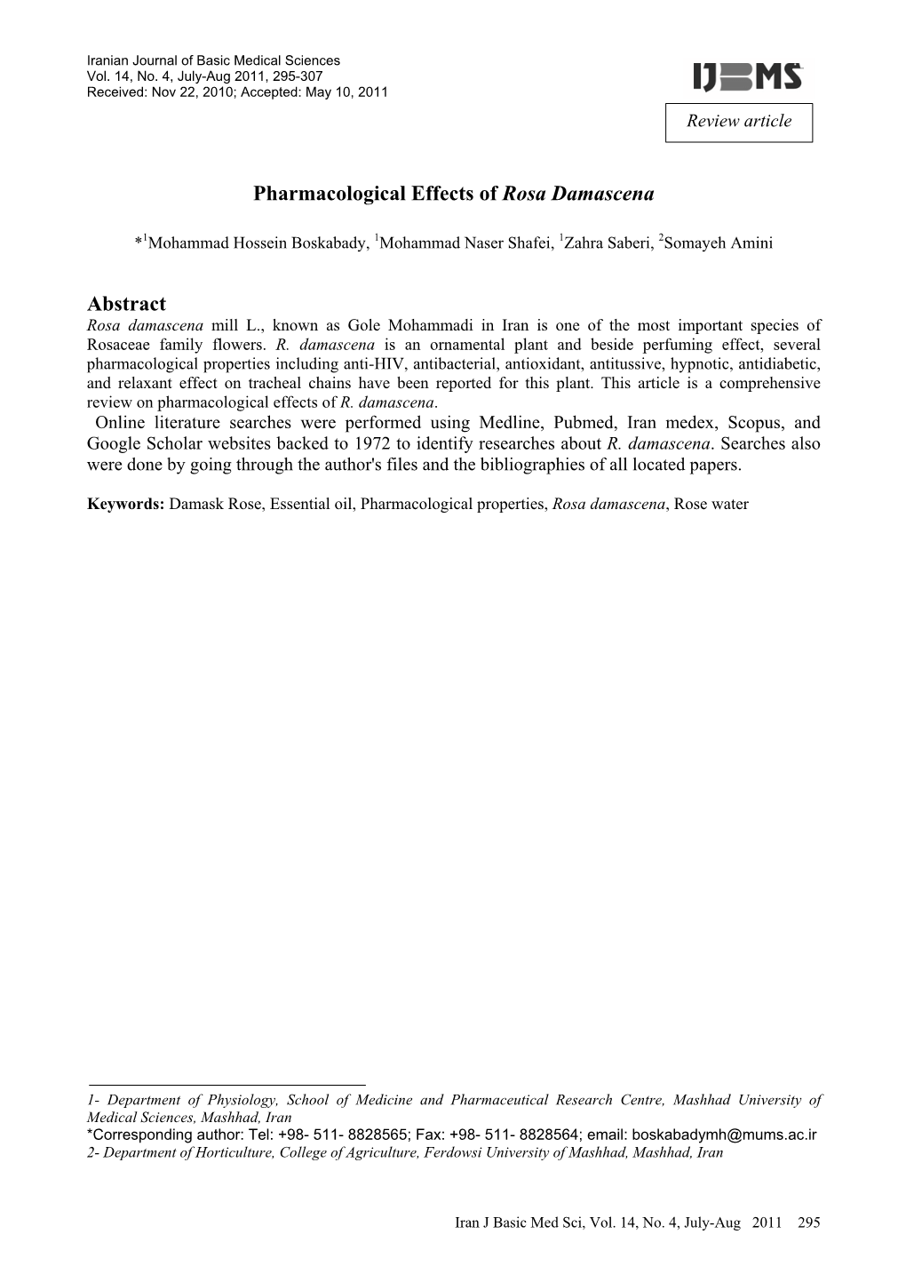 Pharmacological Effects of Rosa Damascena