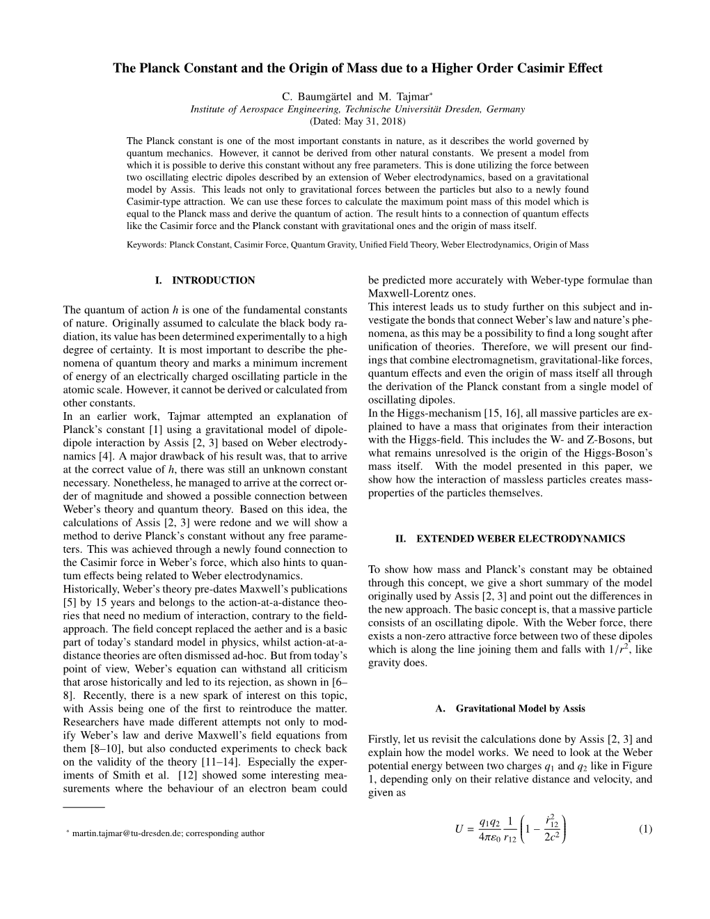 The Planck Constant and the Origin of Mass Due to a Higher Order Casimir Eﬀect