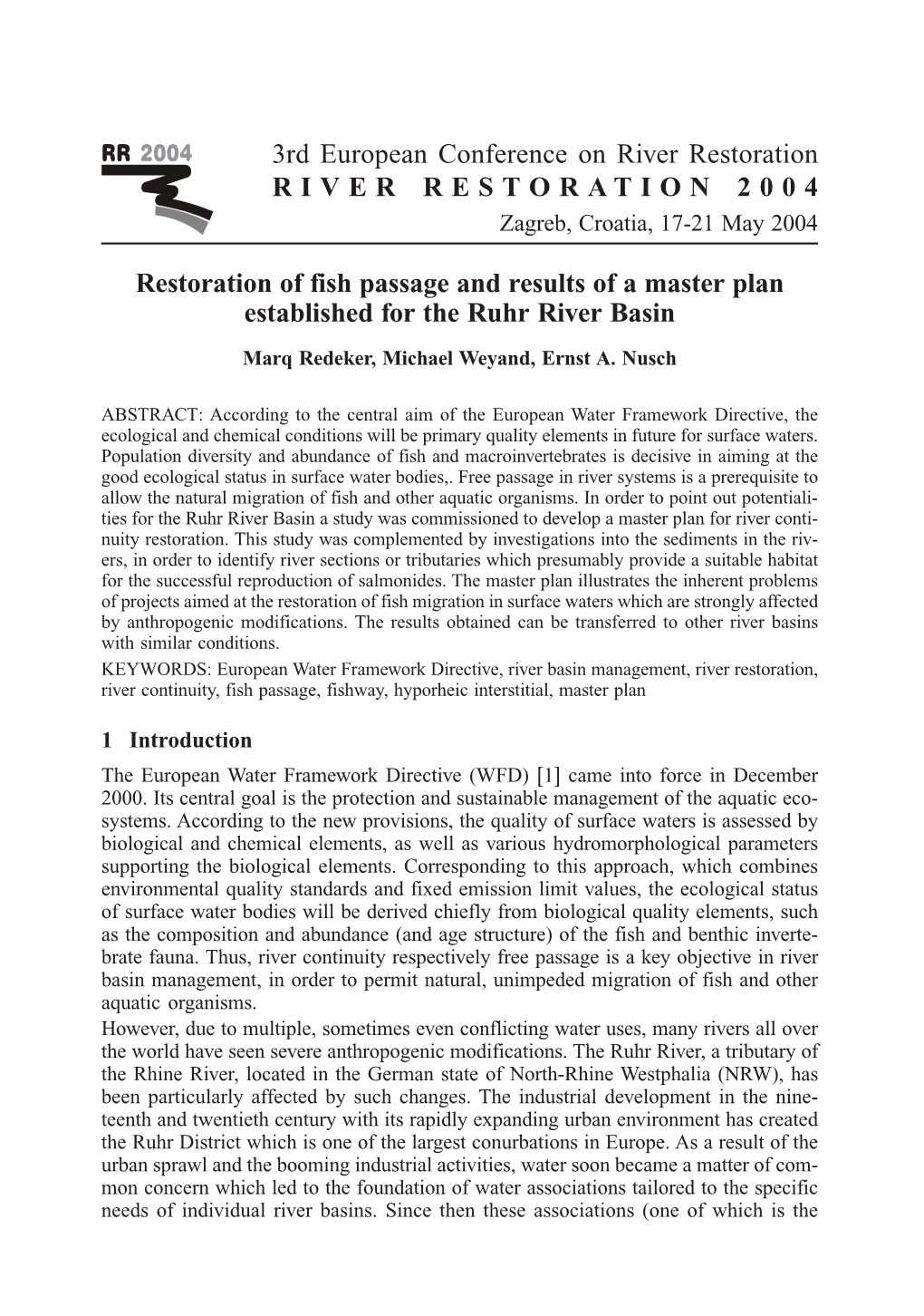 Restoration of Fish Passage and Results of a Master Plan Established for the Ruhr River Basin