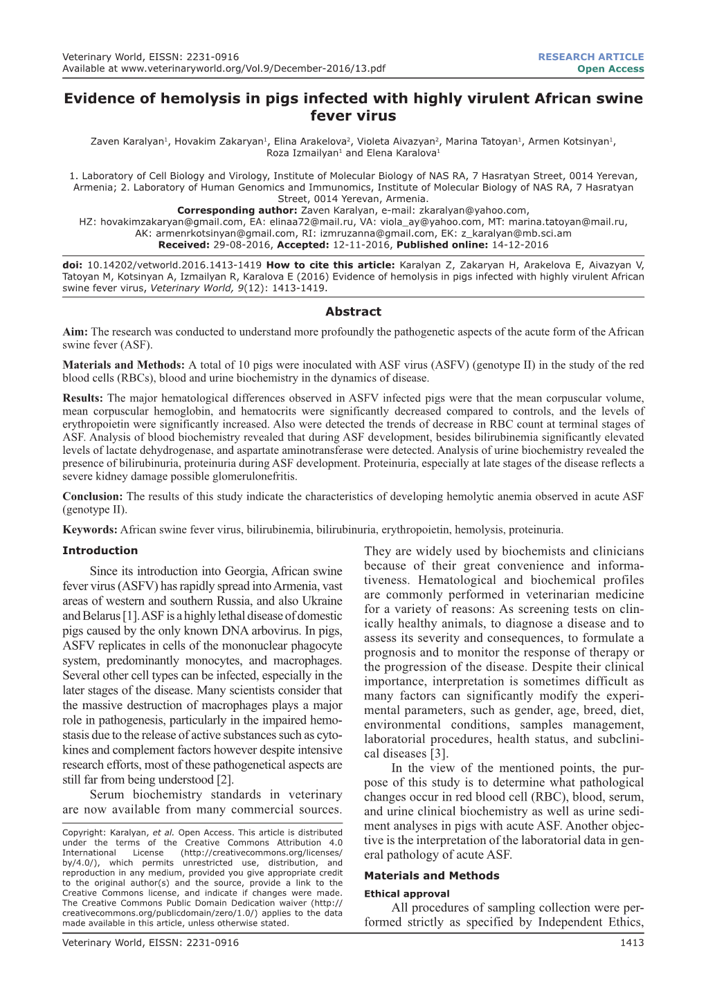 Evidence of Hemolysis in Pigs Infected with Highly Virulent African Swine Fever Virus